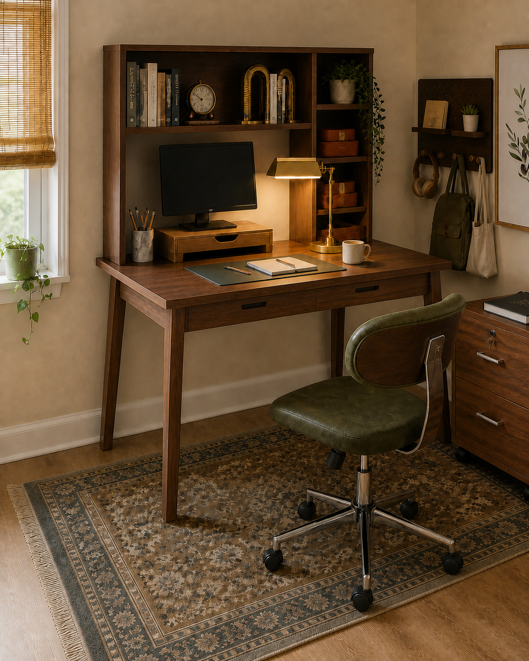 Walnut writing desk spotlight in the warm small-space study nook