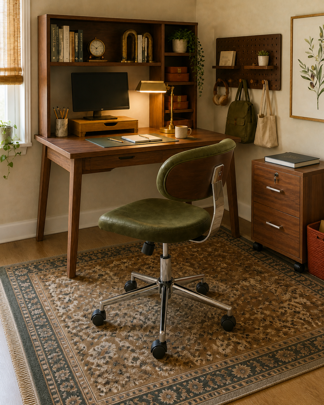 Olive armless task chair with walnut back in a compact study nook