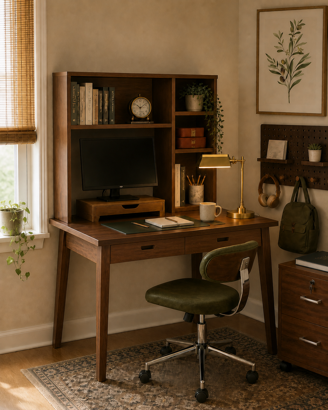 Walnut desktop bookshelf hutch organized with books, baskets, clock, and plant