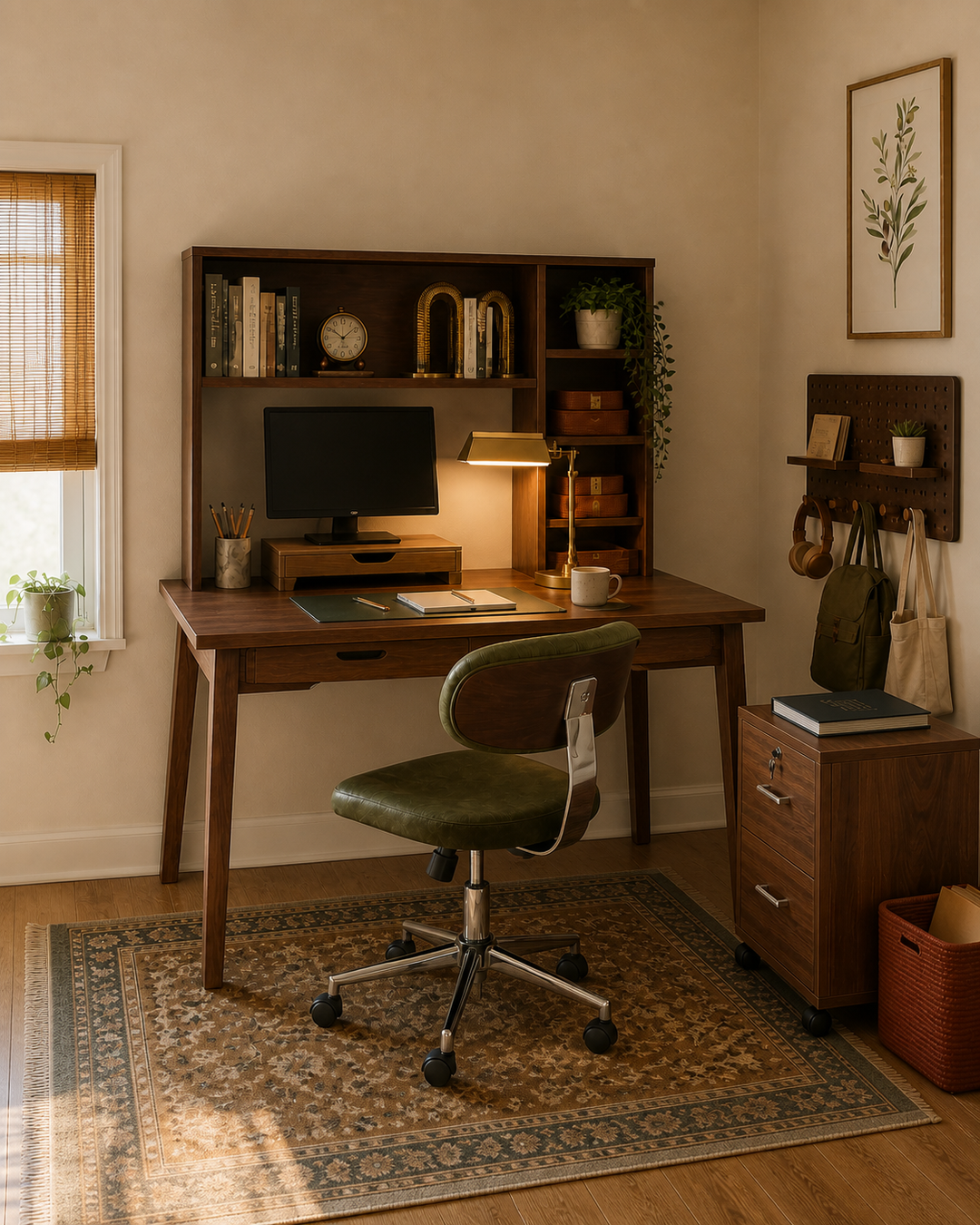 Vertical Instagram view of a warm walnut and olive small-space study nook