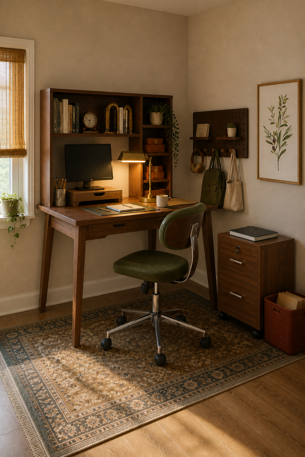 Alternate right-side view of walnut desk and olive chair beside a bamboo-shaded window