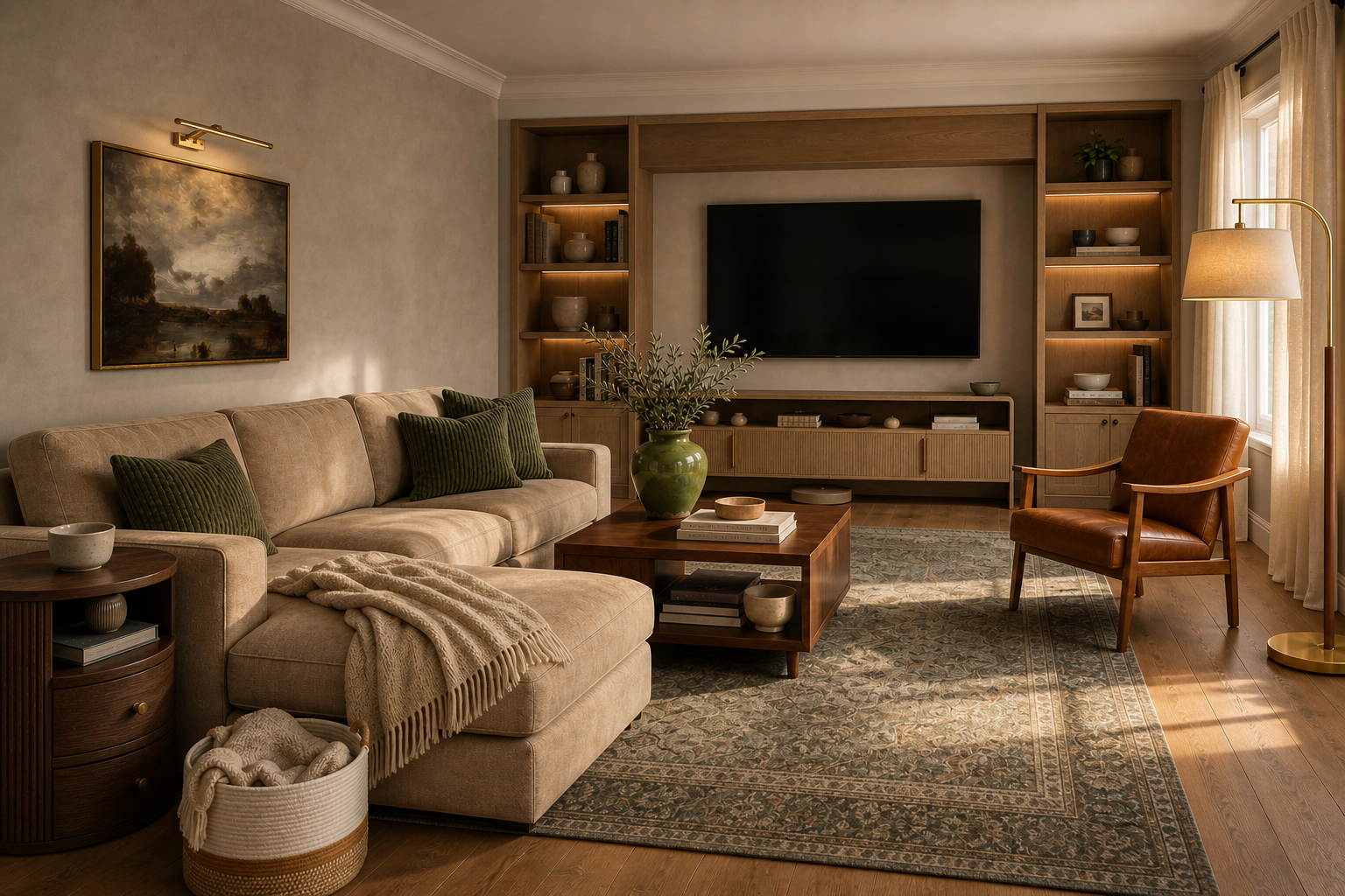 Warm Taupe Family Room with a Built-In Media Wall