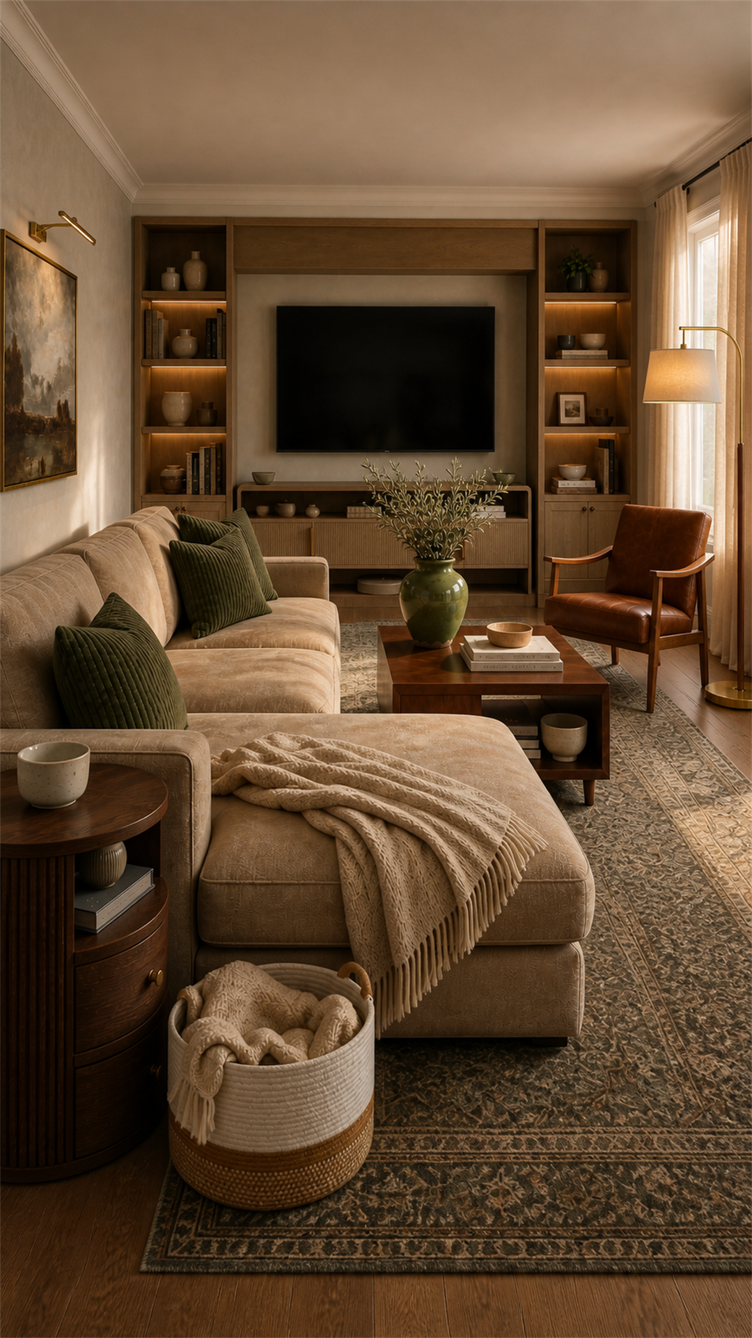 Vertical view of the camel sectional and oak media wall