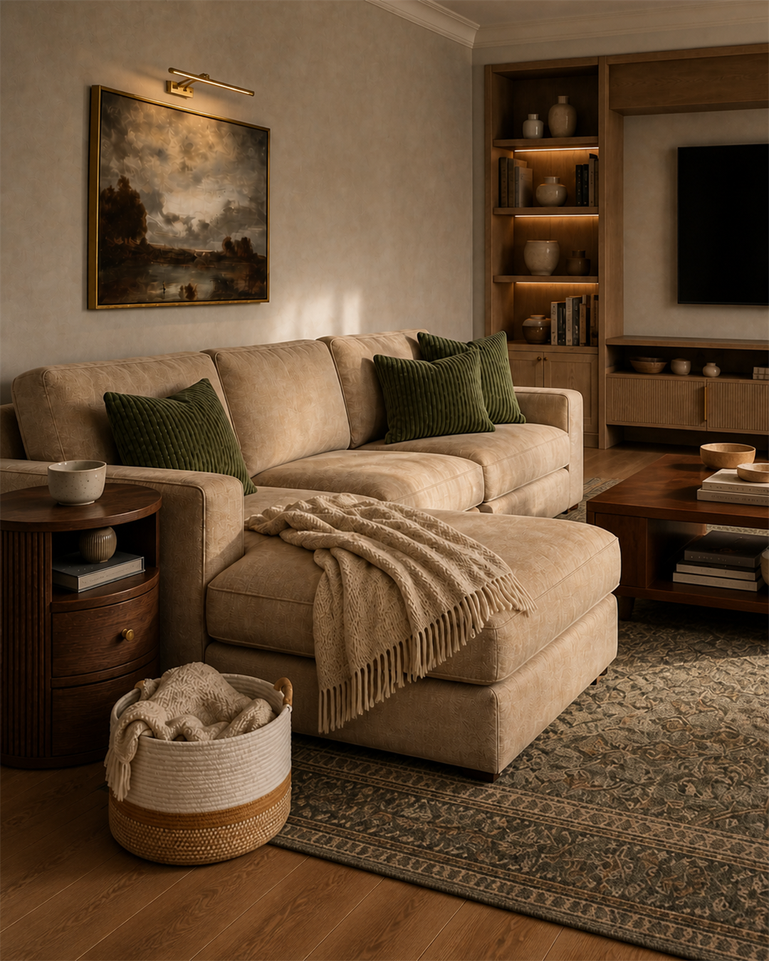 Camel sectional spotlight in the warm taupe family room