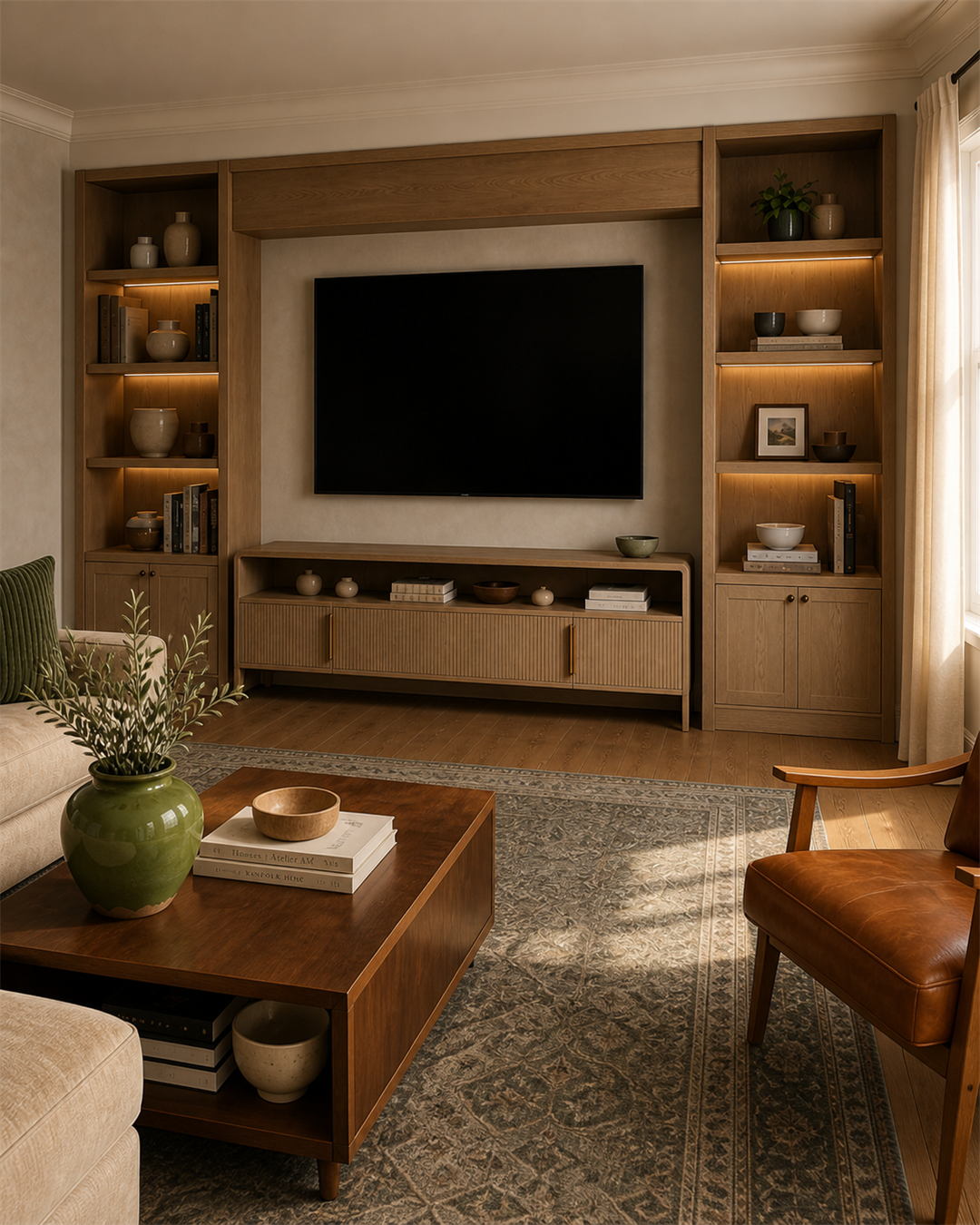 Walnut coffee table layered with books and ceramics in the warm taupe family room