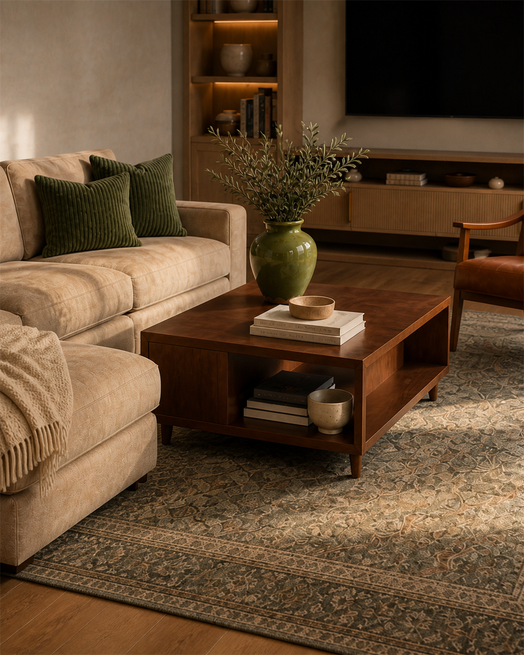 Natural oak fluted media console spotlight beneath the recessed television