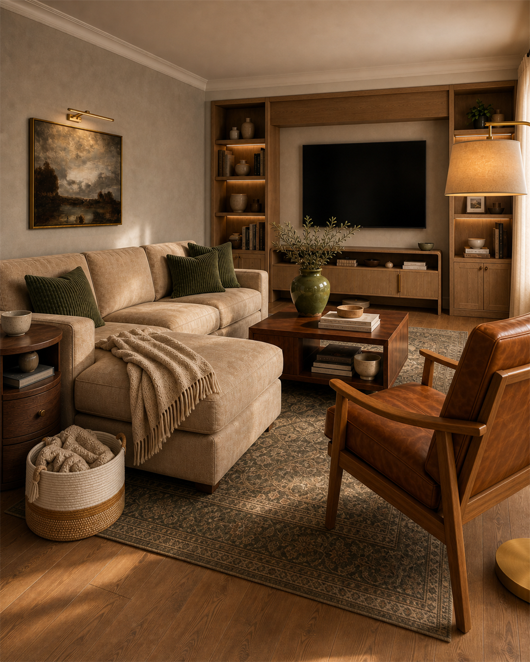 Warm taupe media room with layered evening lighting and camel seating