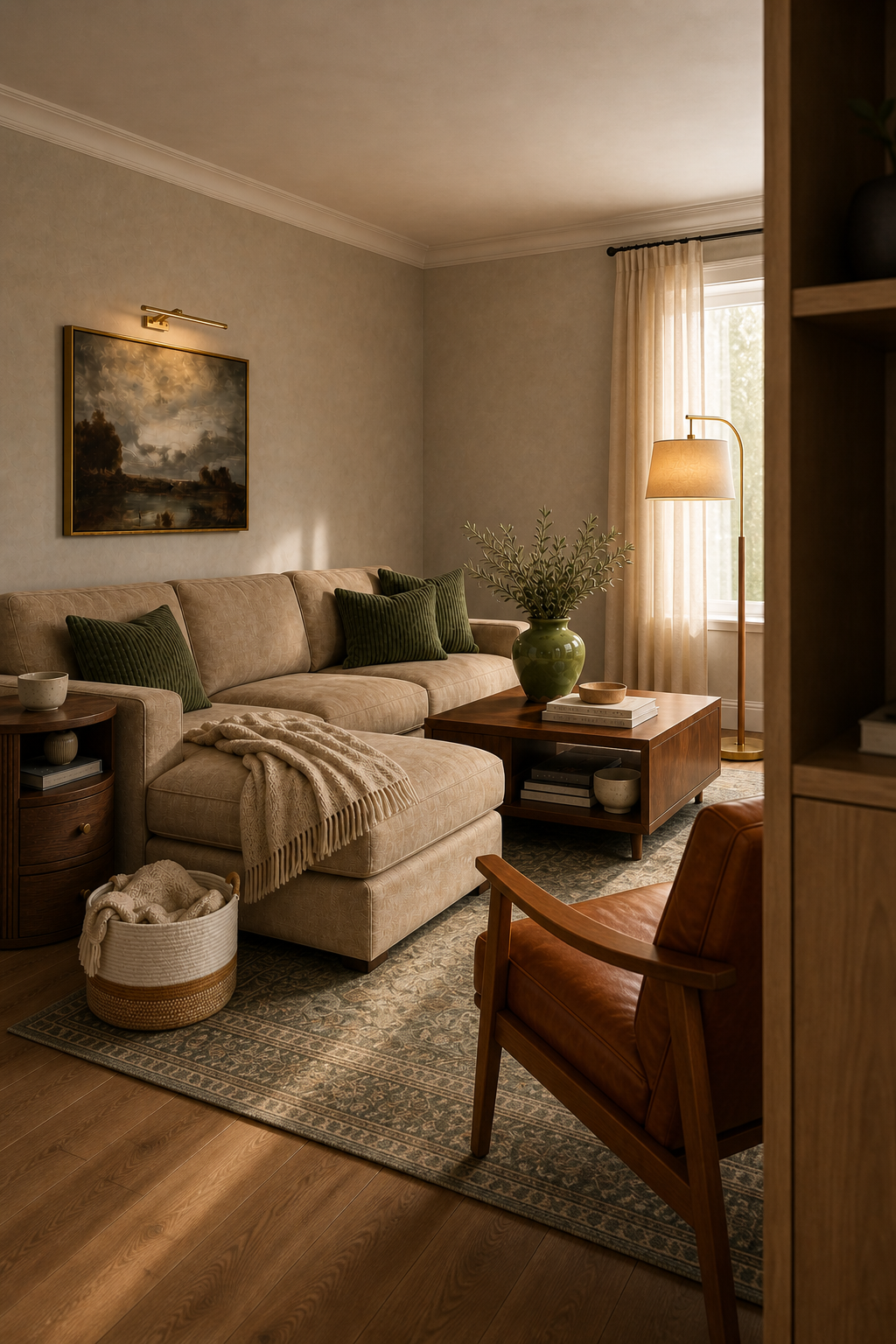 Alternate angle across the taupe family room toward the built-in media wall