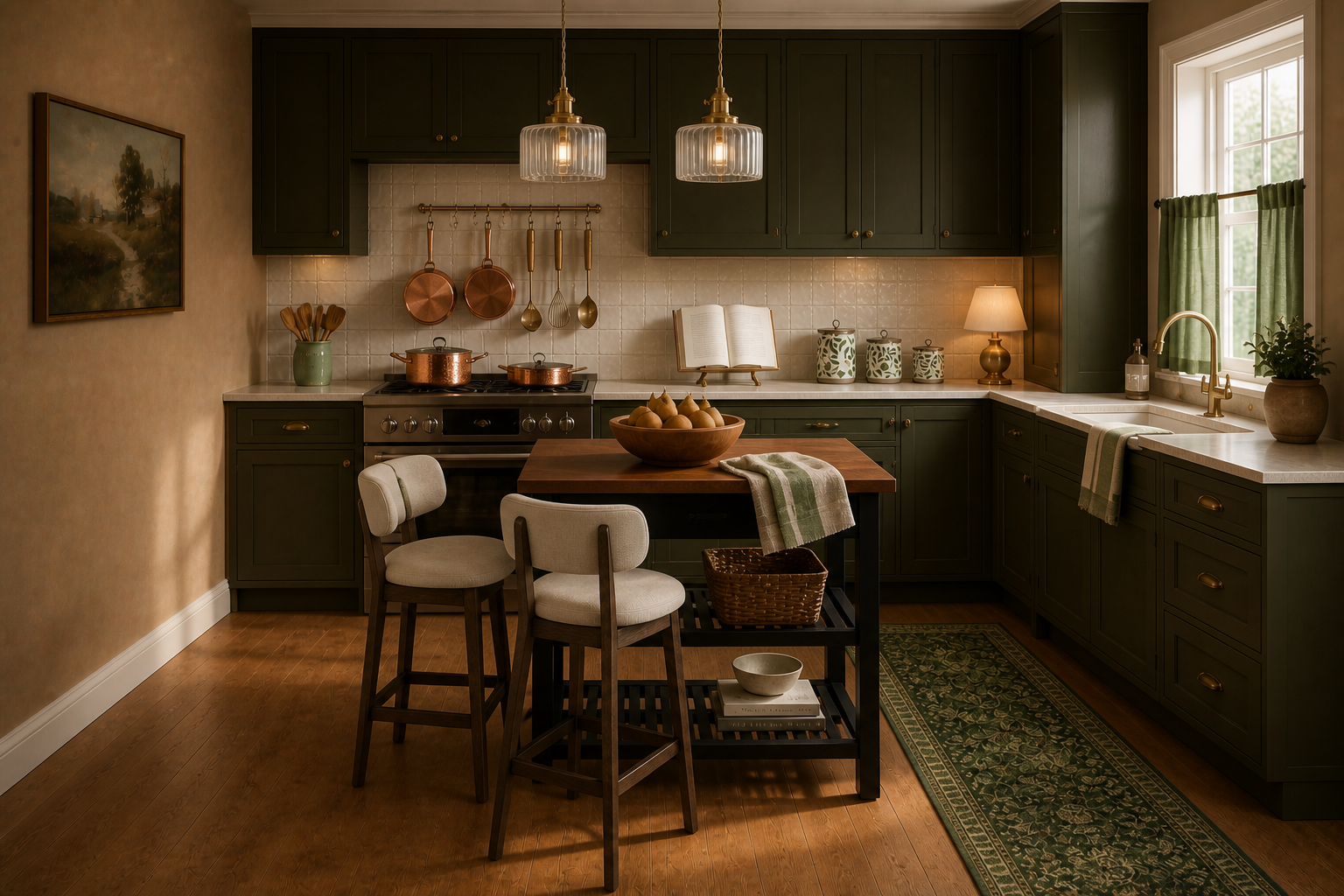 A Moody European Kitchen in Olive, Walnut, and Warm Copper
