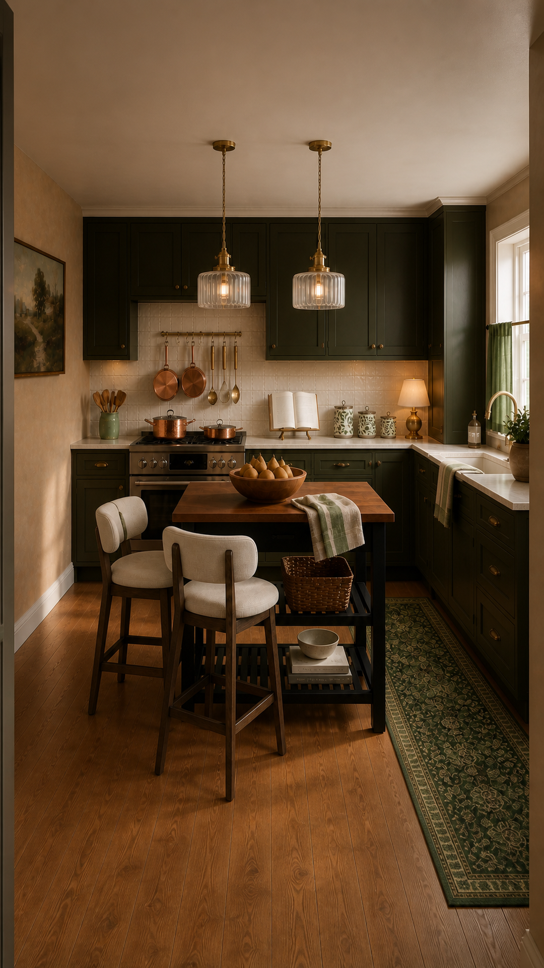 Vertical view of the moody olive European kitchen and walnut island
