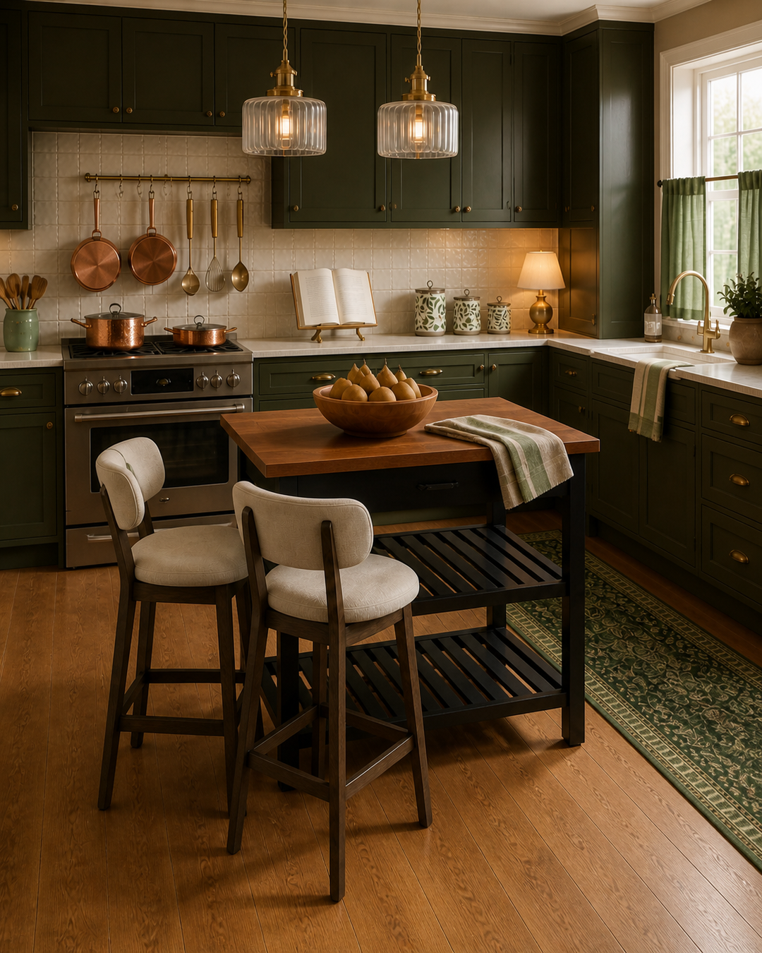 Black and walnut kitchen island with two counter stools