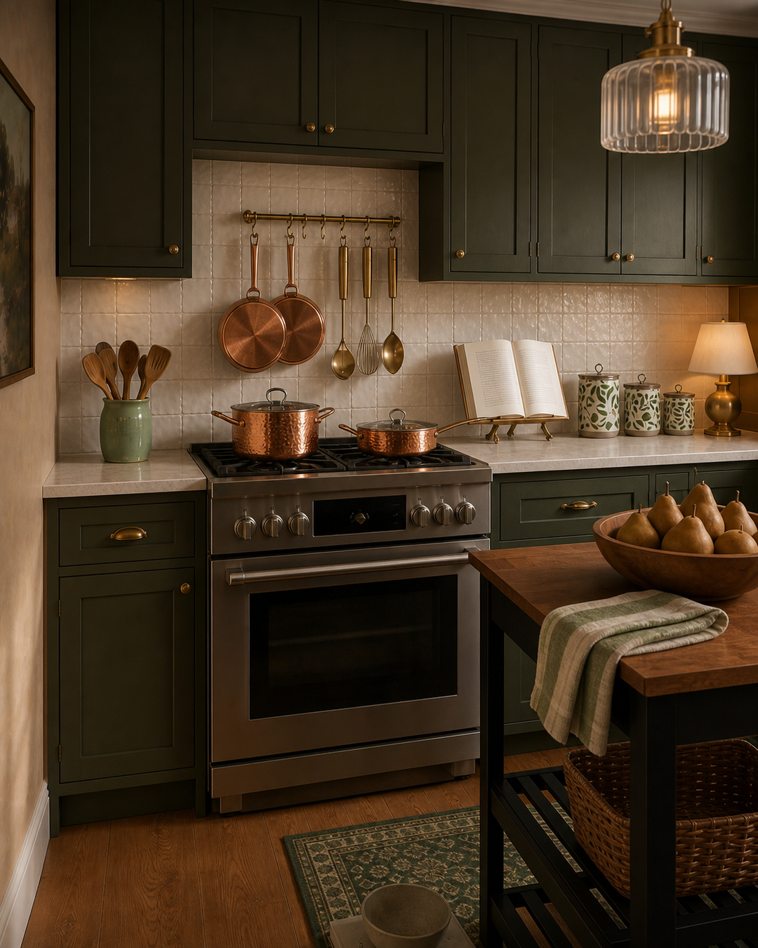 Hammered copper cookware on the olive kitchen range wall