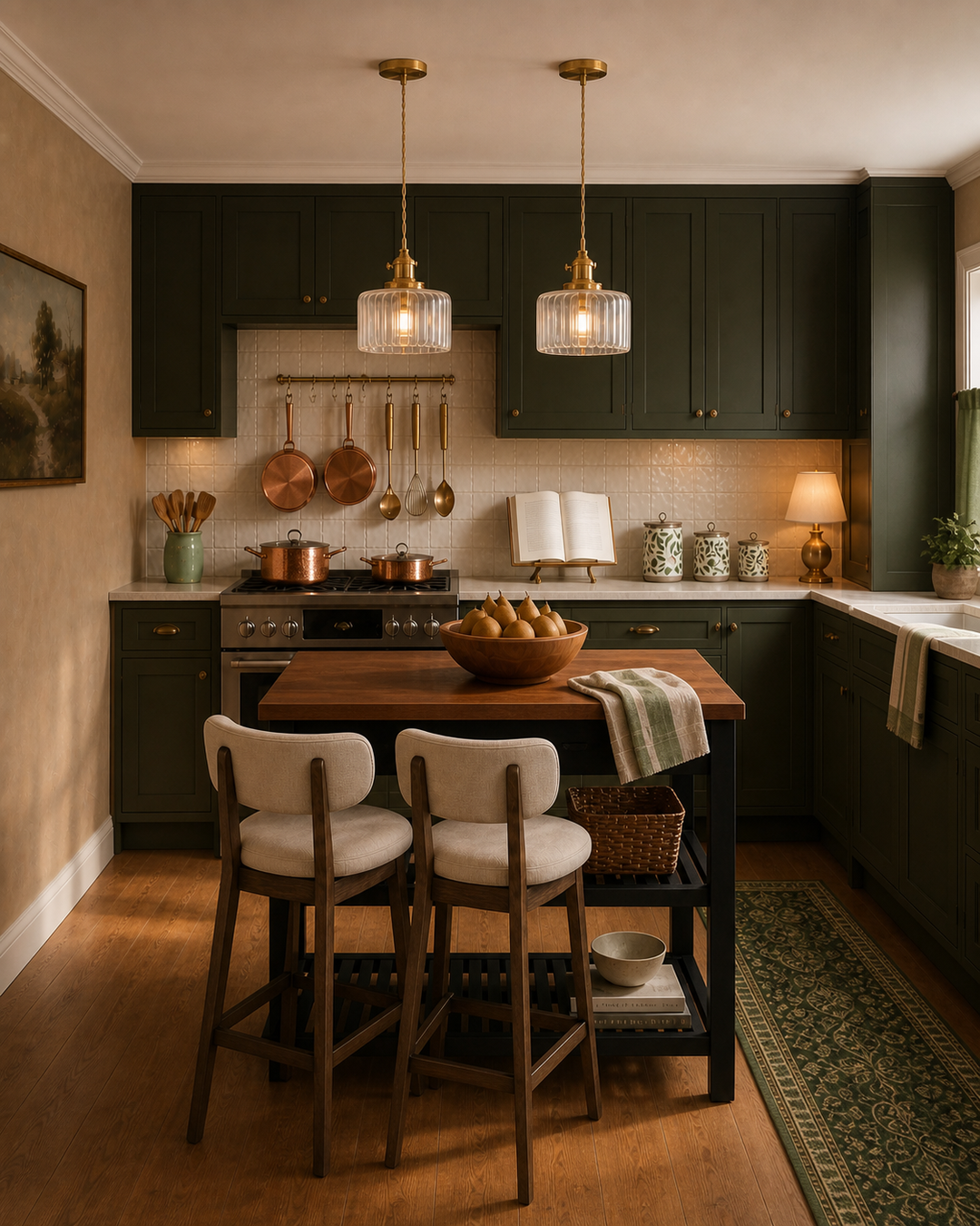 Pair of striped glass brass pendants above the walnut island