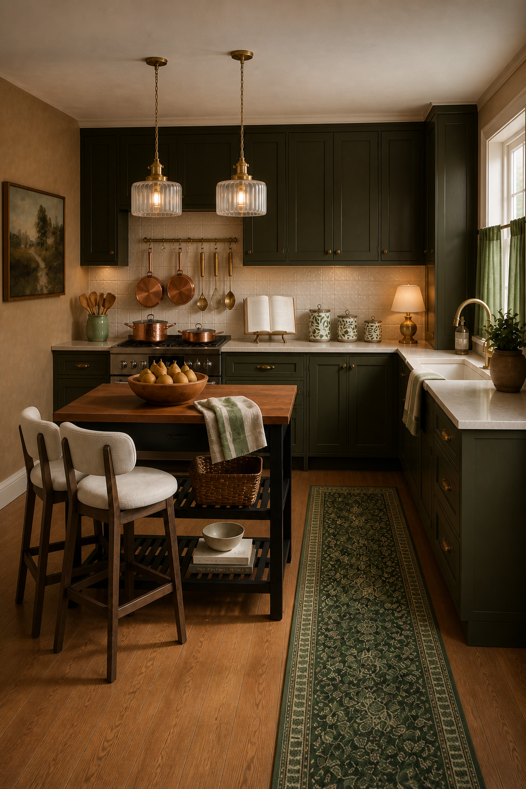 Alternate angle of the rectangular moody European kitchen