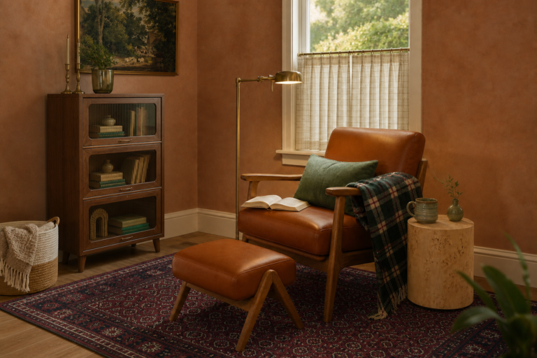 Cinnamon English-library reading nook with brown chair, walnut bookcase, and brass pharmacy lamp
