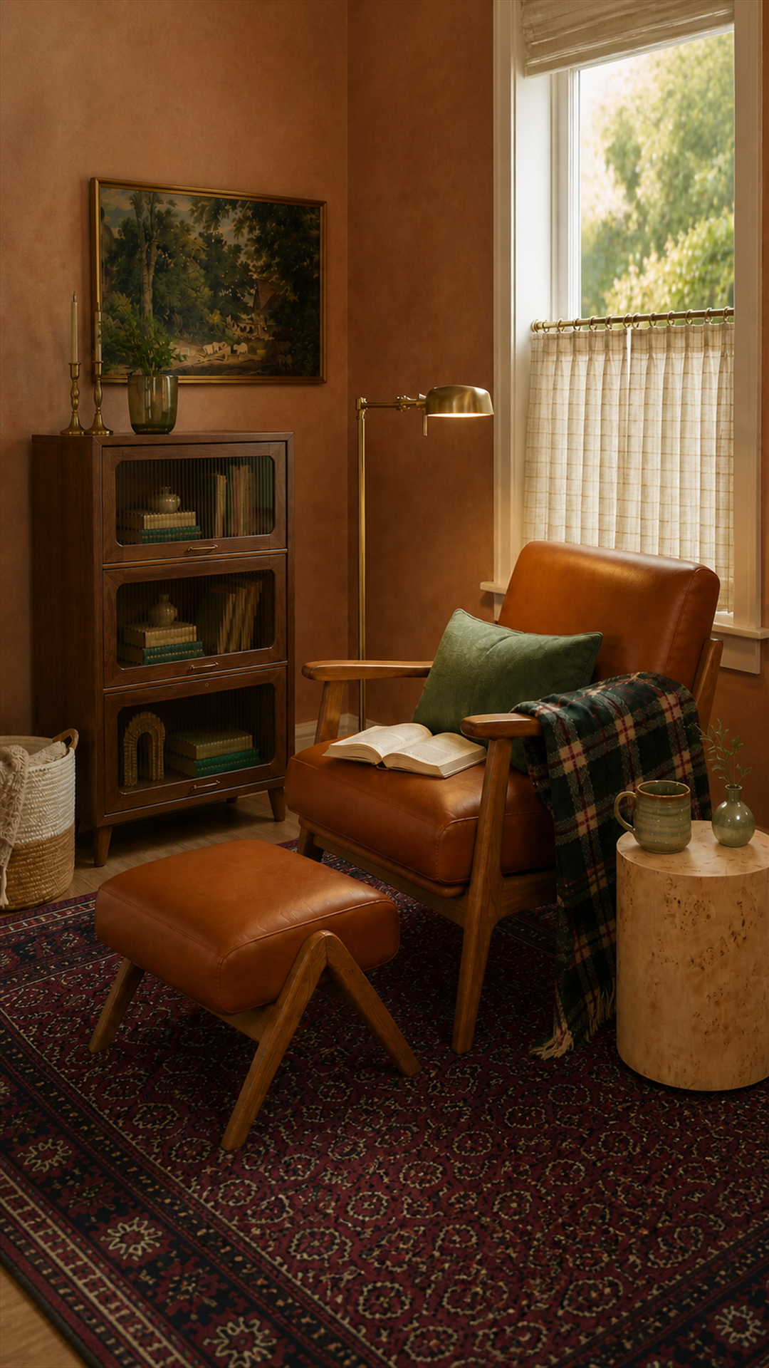 Vertical view of the cinnamon reading nook and walnut bookcase