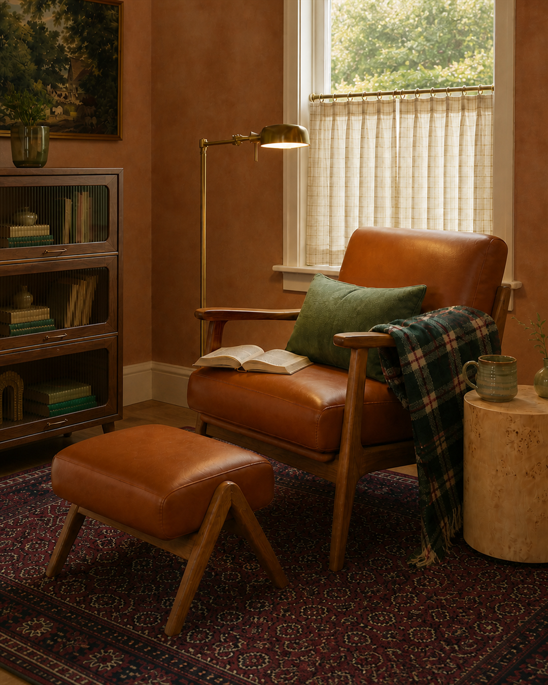 Brown wood-frame reading chair and matching ottoman