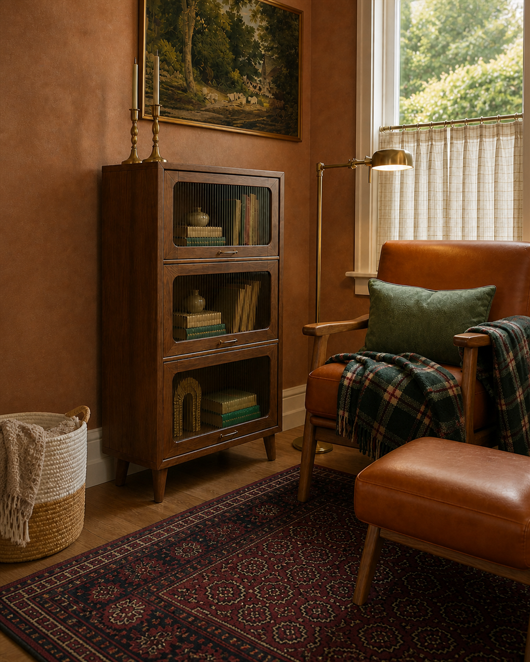 Compact walnut three-door reeded-glass bookcase
