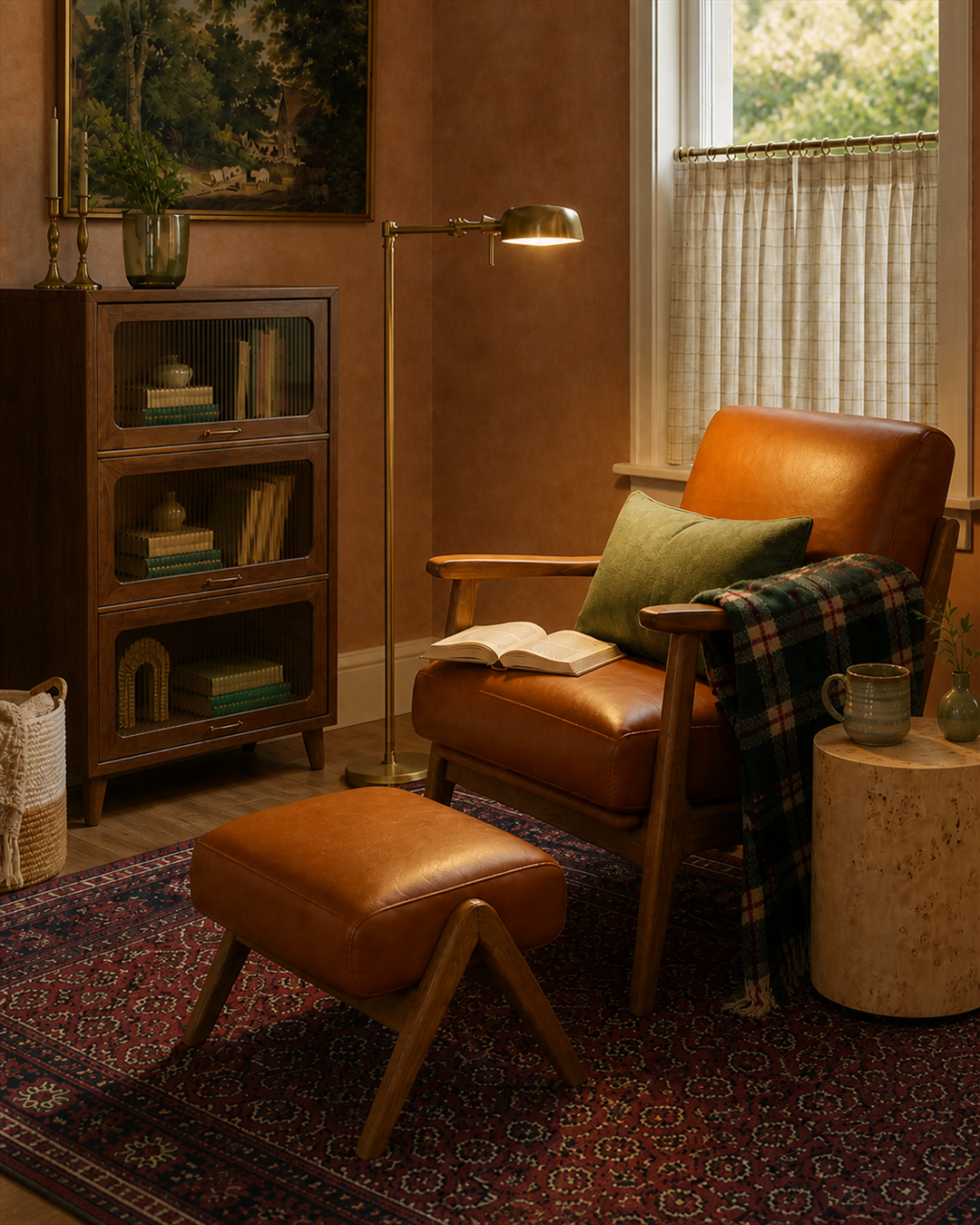 Antique-brass pharmacy floor lamp beside the reading chair