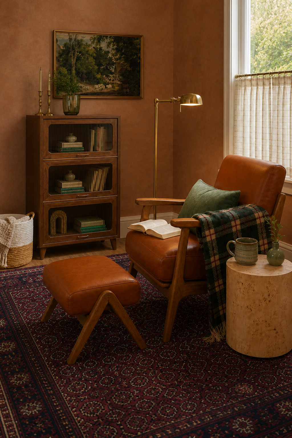 Alternate window-side angle of the compact cinnamon reading nook