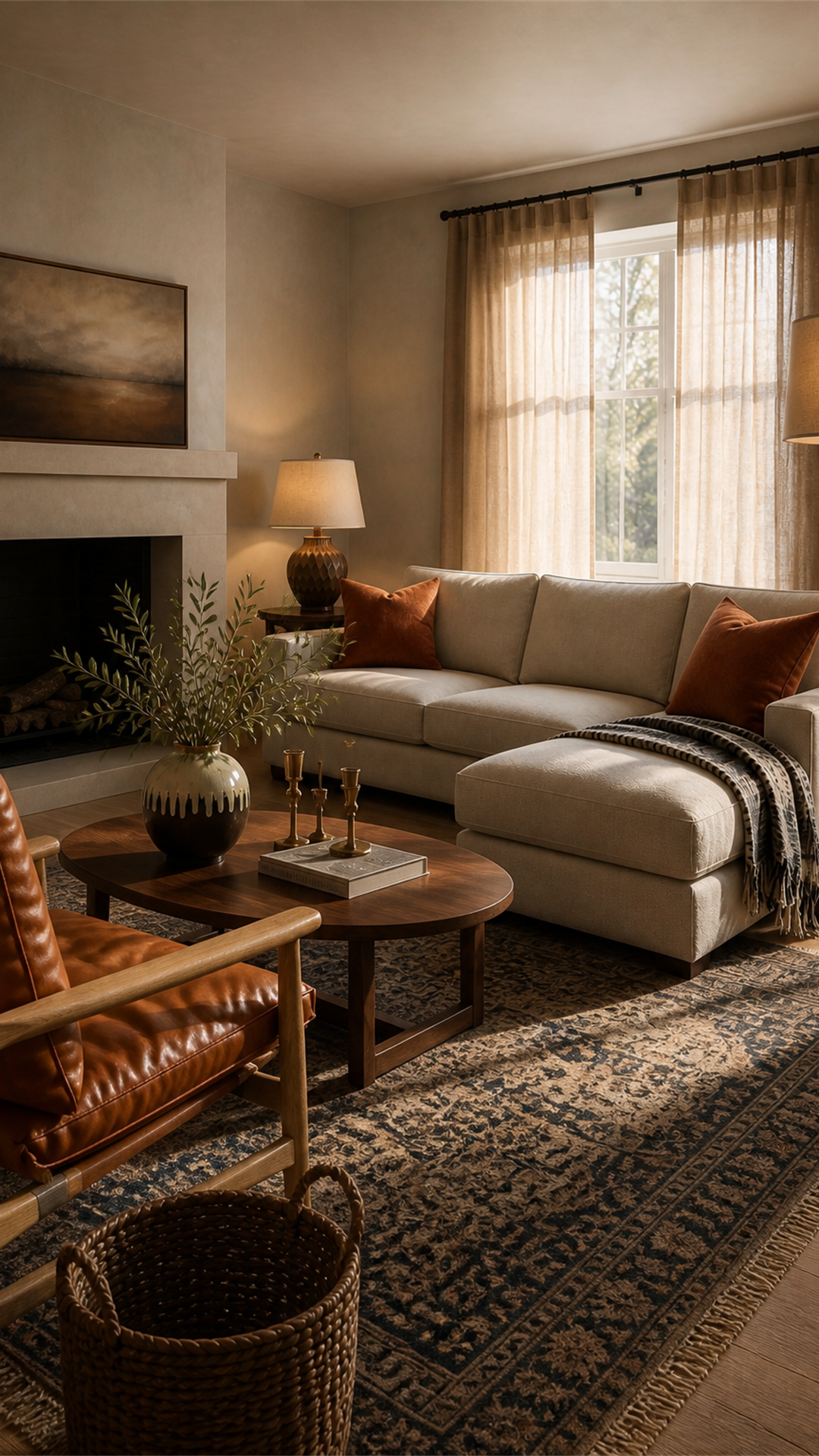 Vertical view of a layered neutral living room centered on an oatmeal sectional and warm limestone fireplace