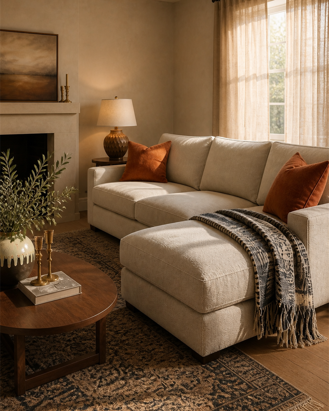 Oatmeal chenille sectional with rust pillows and a navy cream striped throw in warm golden-hour light