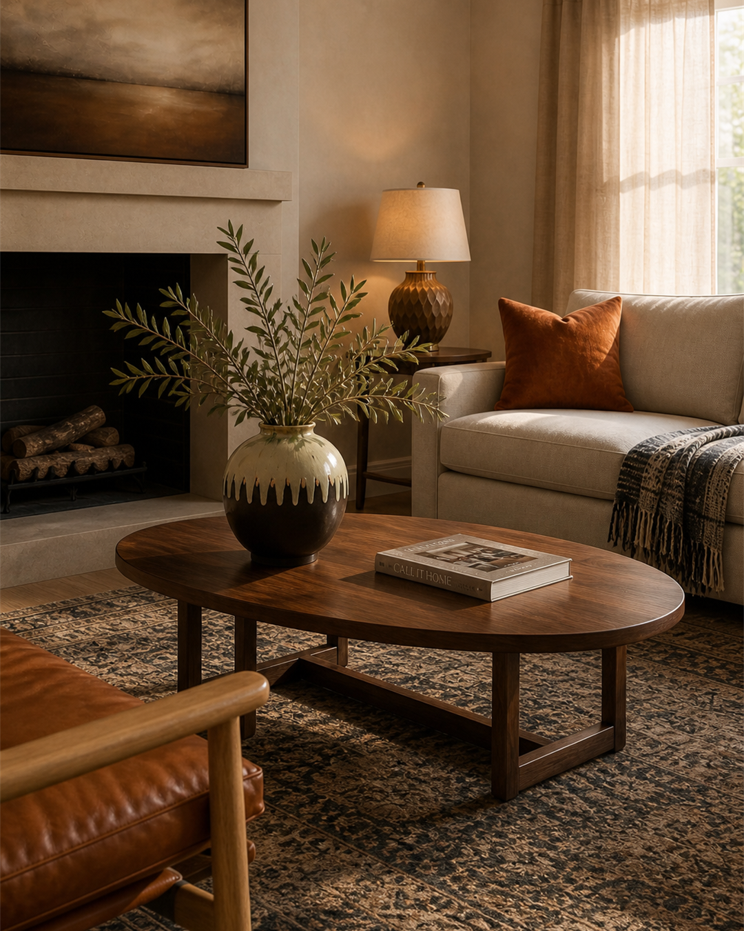 Oval walnut coffee table styled with a brown ceramic vase and design book in a neutral living room