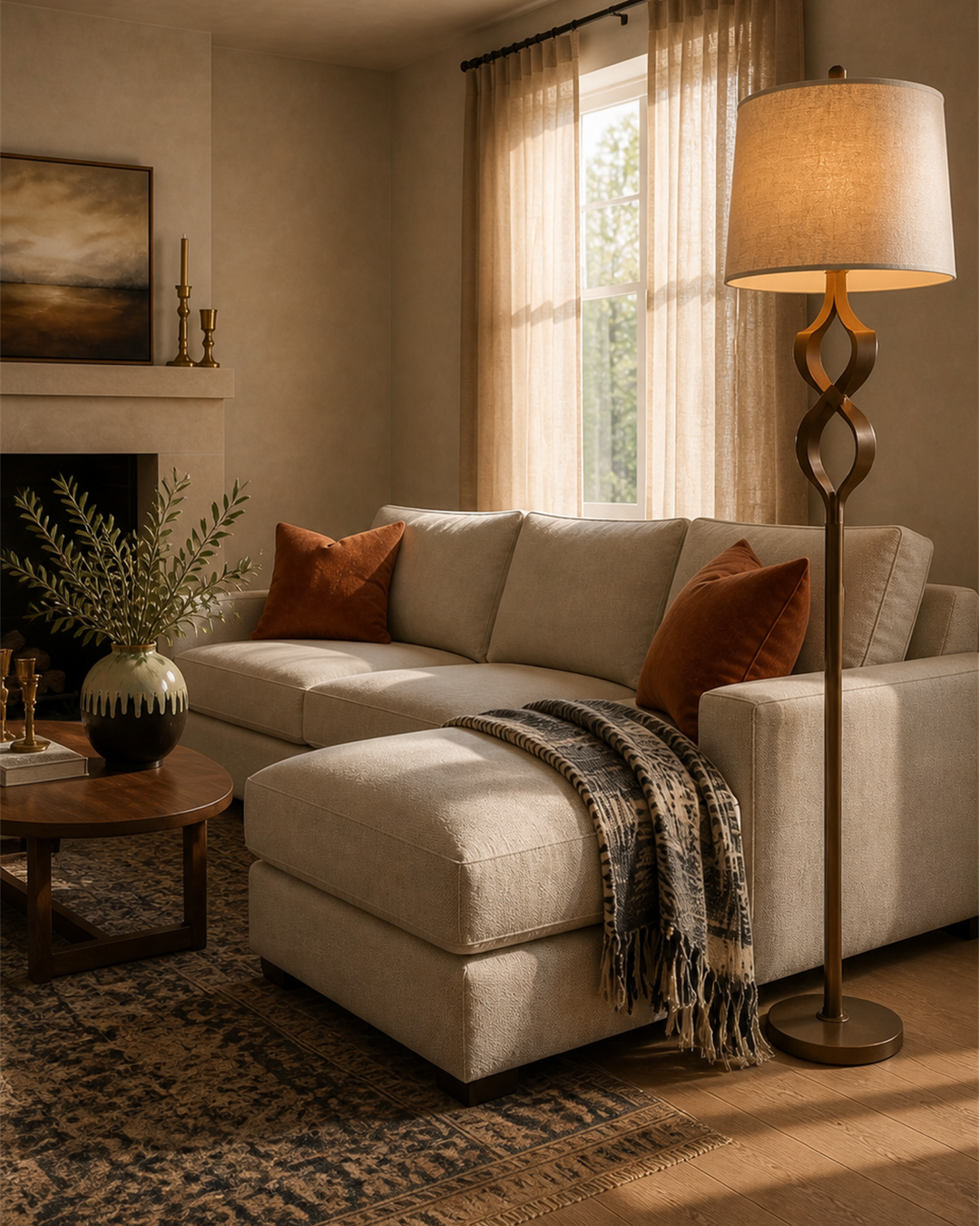 Sculptural bronze floor lamp beside an oatmeal sectional and flax linen curtains