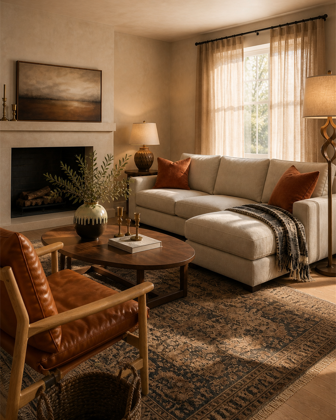 Warm layered living room with oatmeal sectional, saddle leather chair, blue brown rug, and fireplace