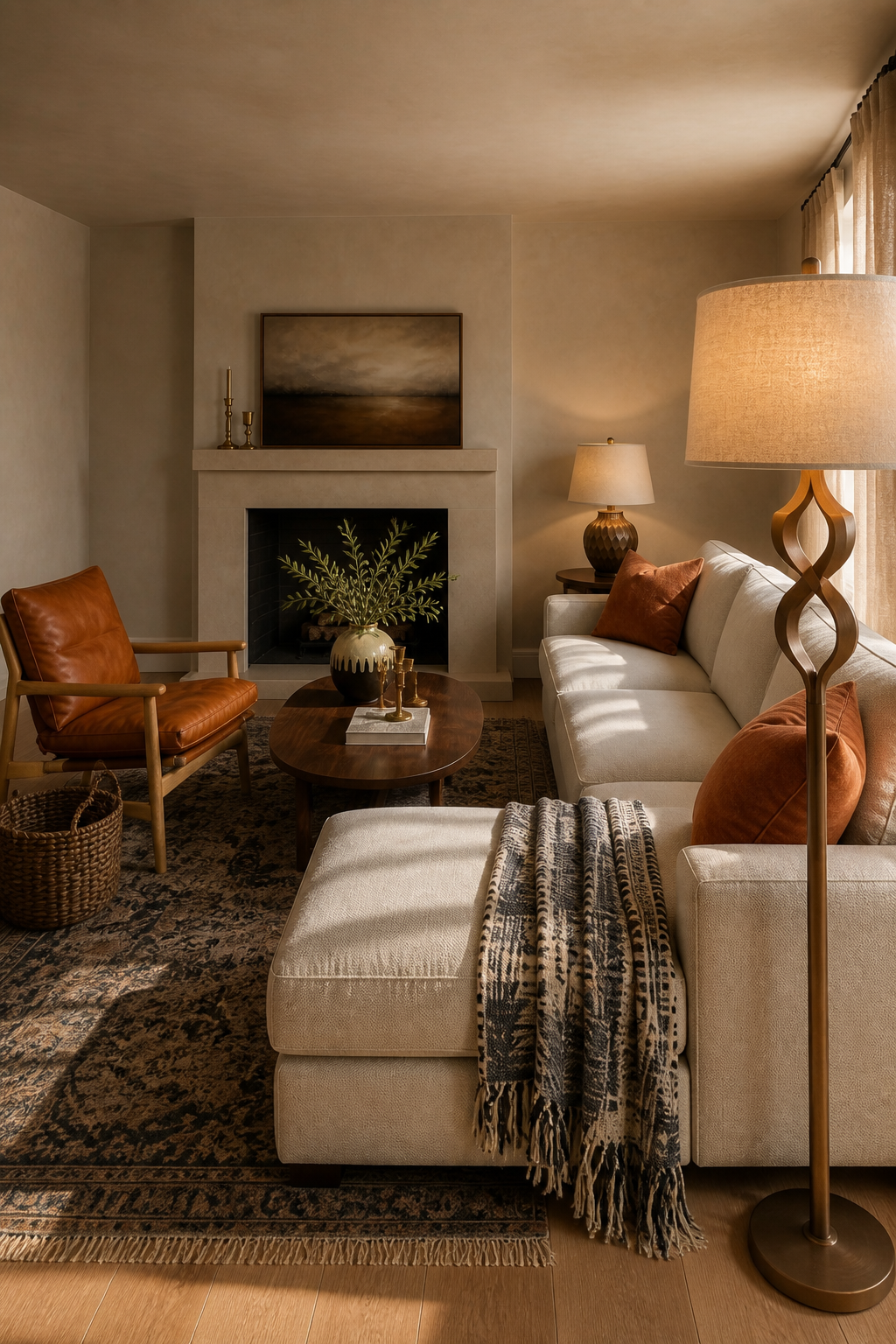 Alternate view across an oatmeal sectional toward a limestone fireplace and saddle leather sling chair