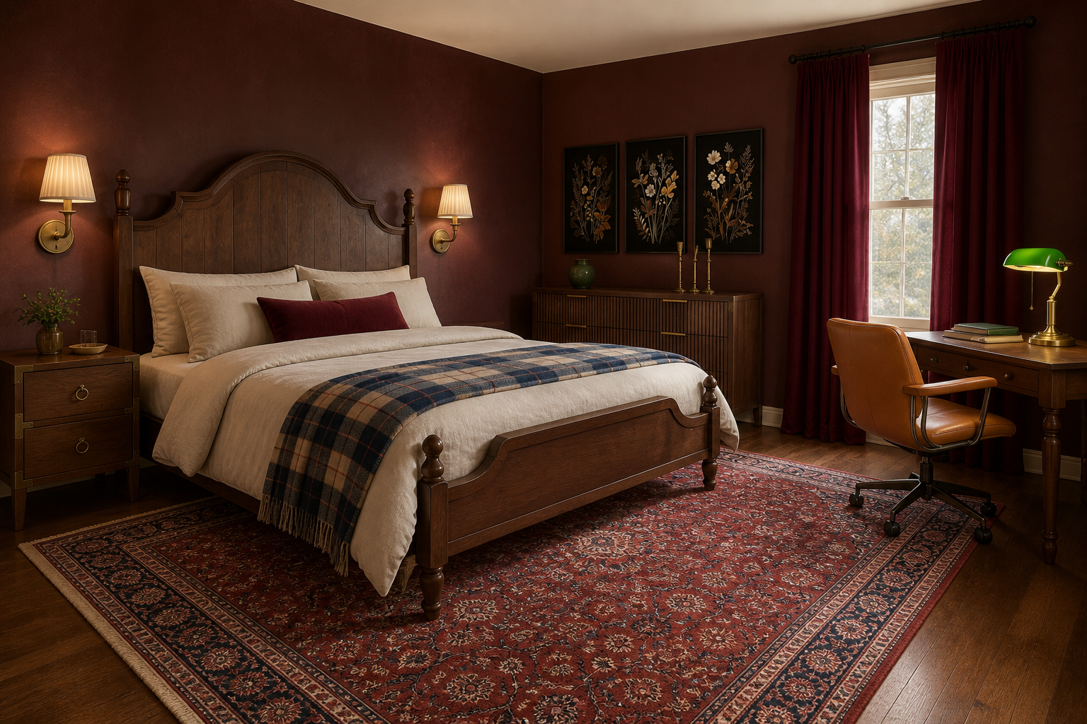 A Dark Academia Bedroom in Burgundy, Ink Blue, and Walnut