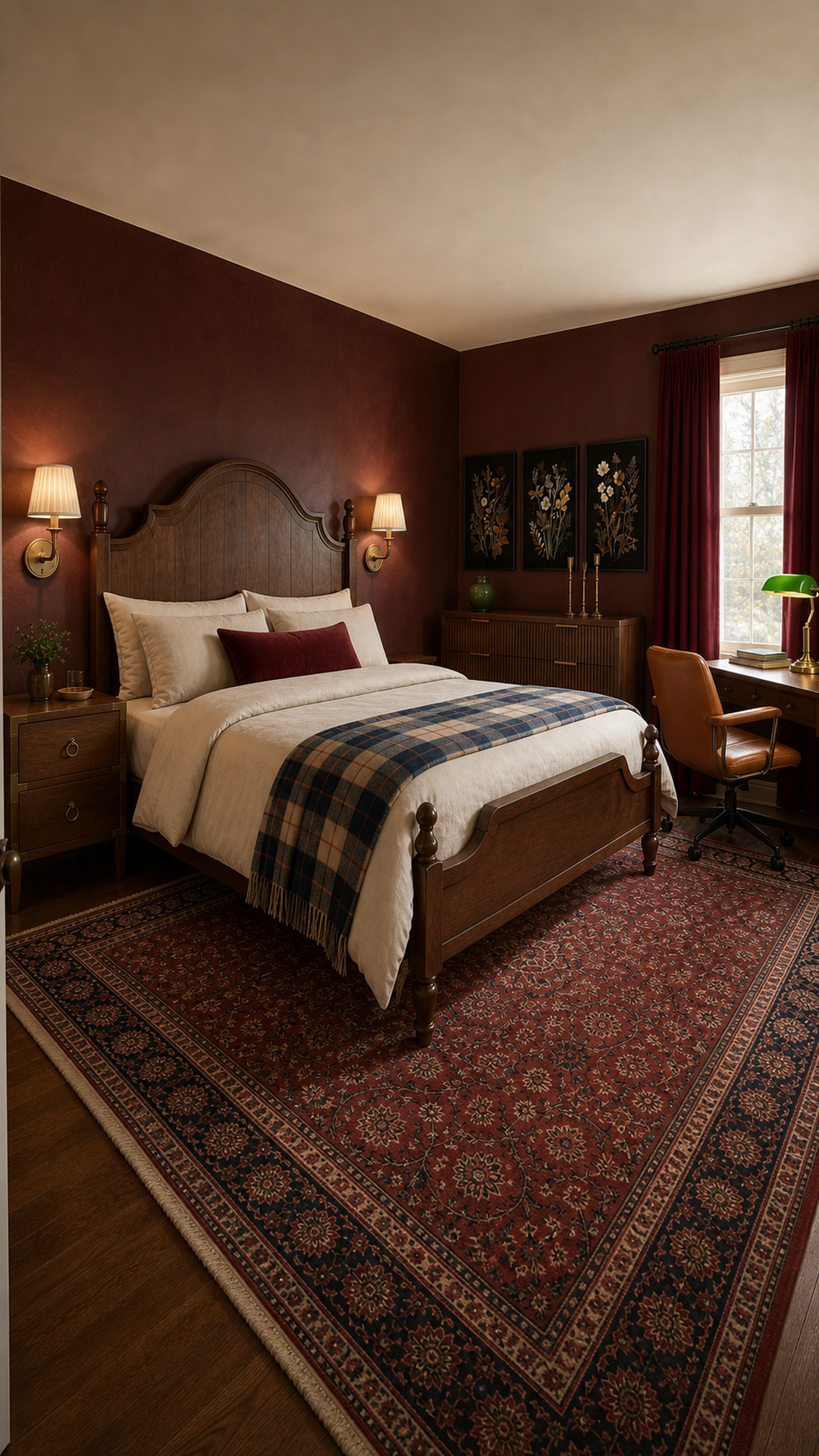 Vertical view of a burgundy dark academia bedroom with walnut poster bed and layered textiles