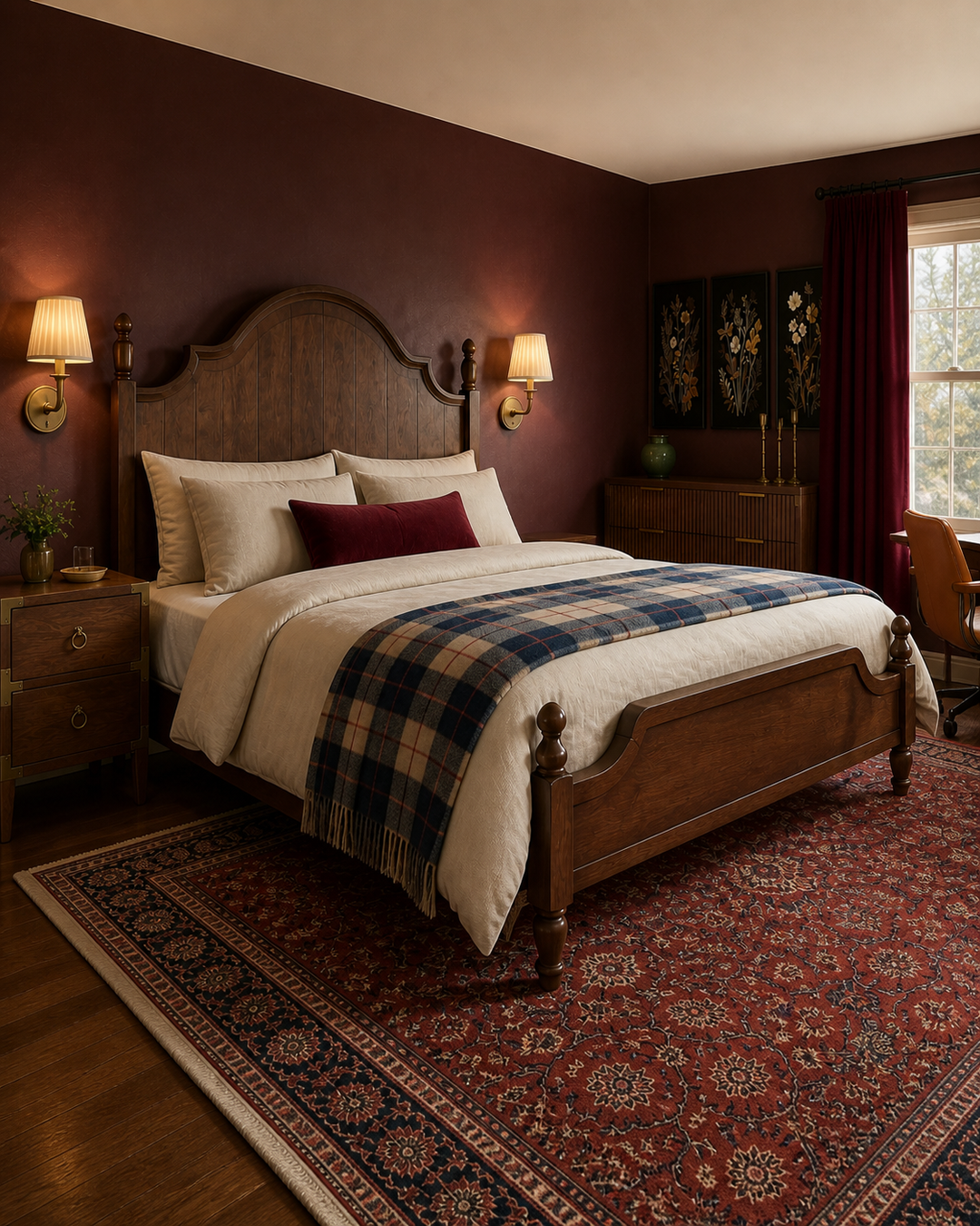 Carved dark walnut poster bed styled with natural linen and ink-blue bedding