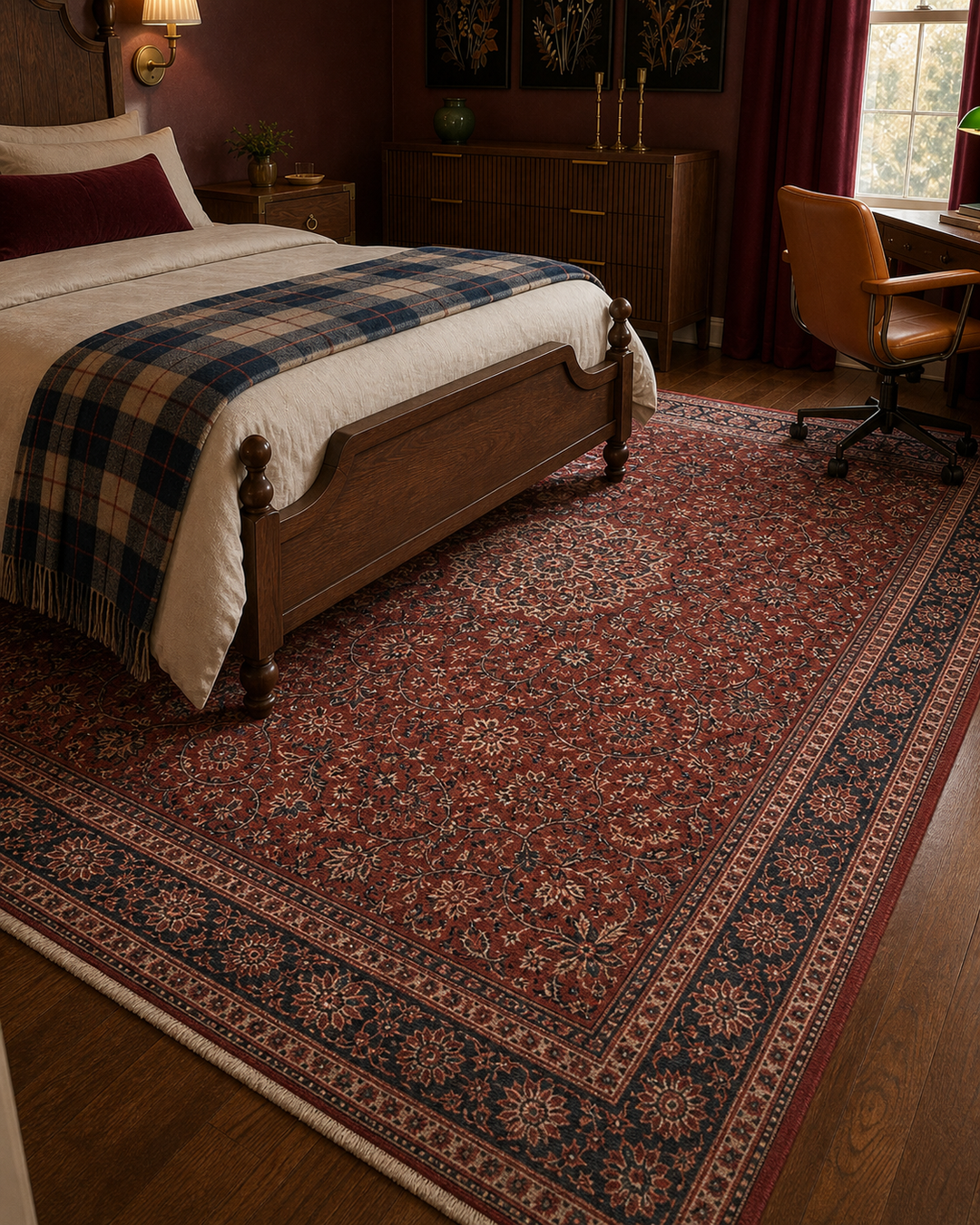 Burgundy and navy vintage-style rug beneath a dark walnut poster bed