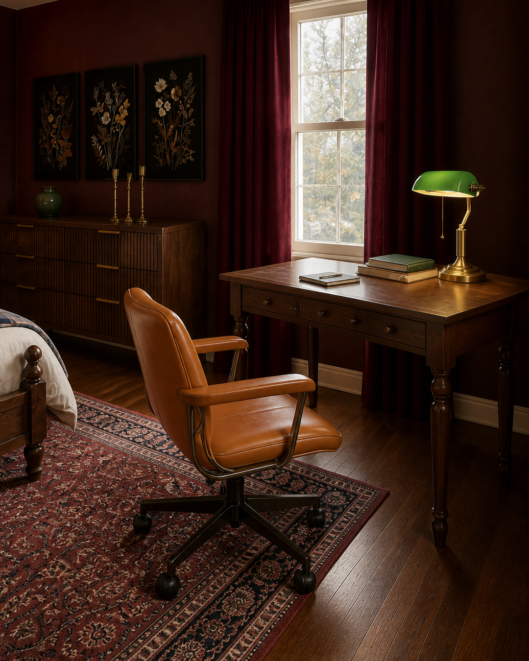 Walnut writing desk and brown study chair in a dark academia bedroom corner