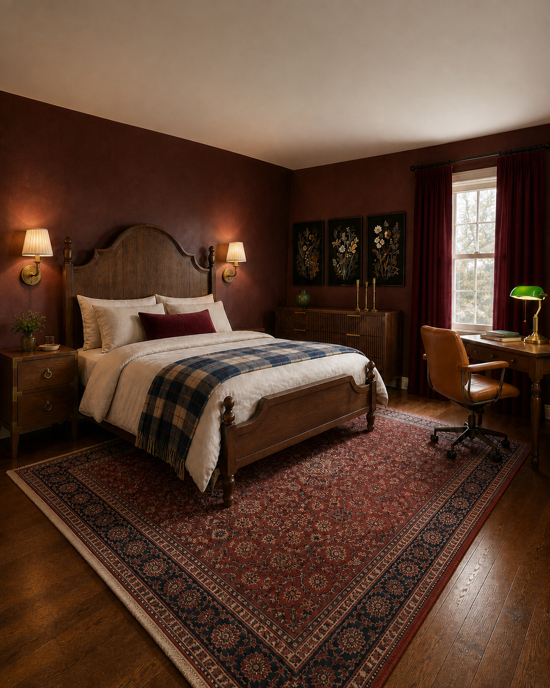 Moody dark academia bedroom with burgundy velvet curtains and warm brass lighting