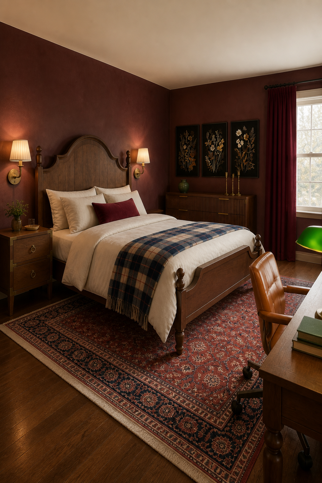 Alternate view of the dark academia bedroom showing the bed, desk, dresser, and layered lighting