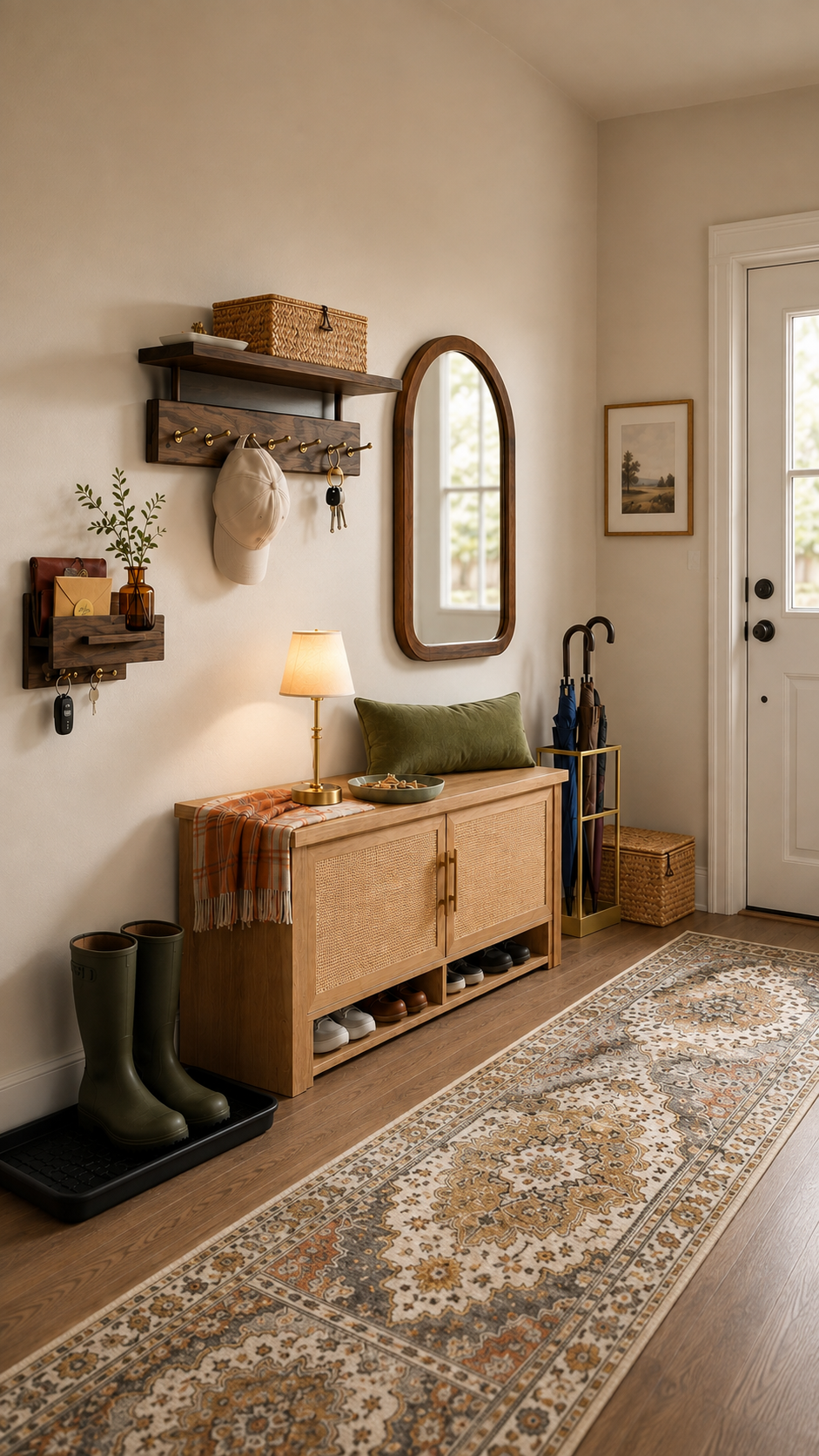 Vertical view of a small warm-oak entryway drop zone with wall storage and a patterned runner