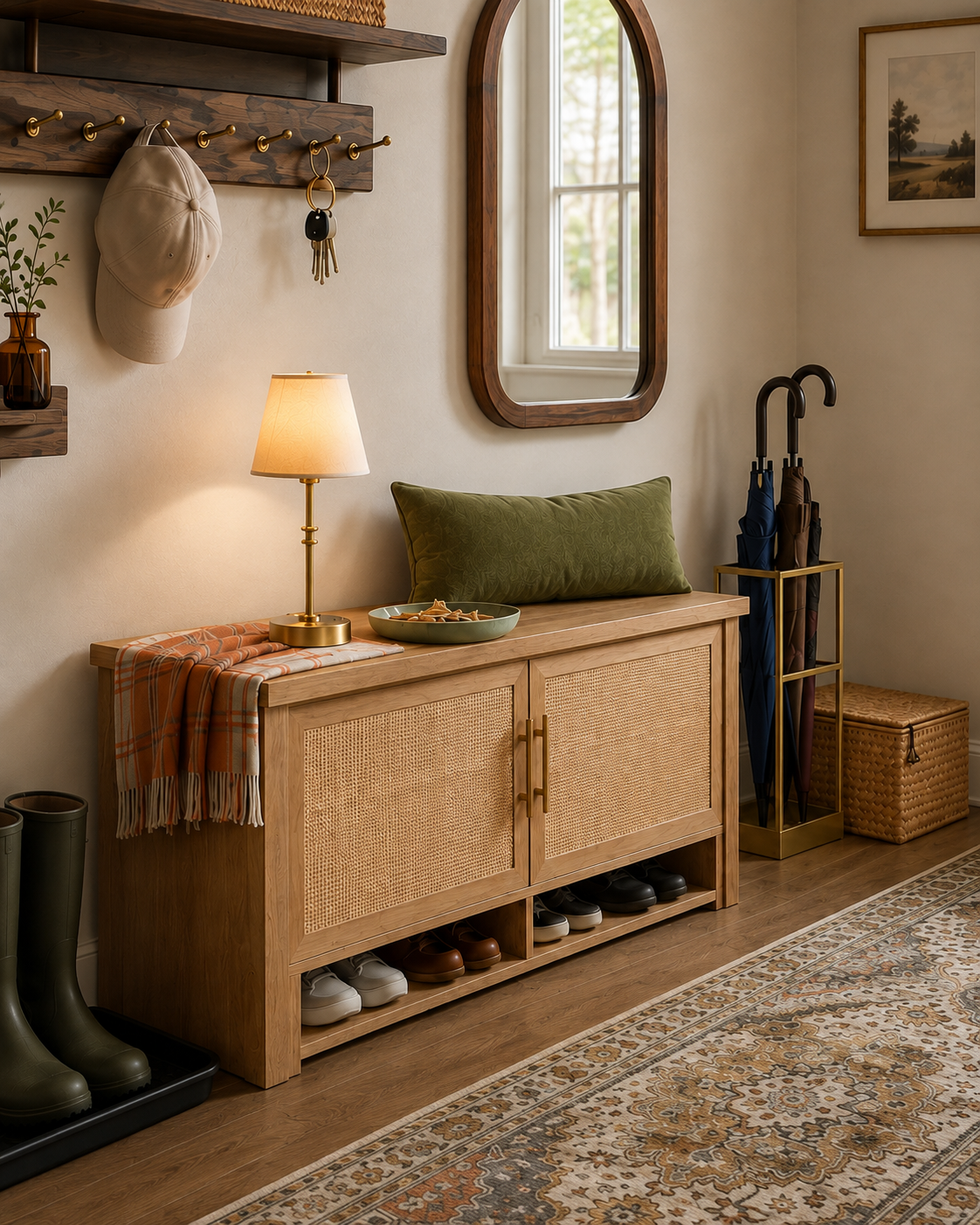 Natural-oak rattan shoe-storage bench with an olive pillow, warm lamp, and open shoe shelf