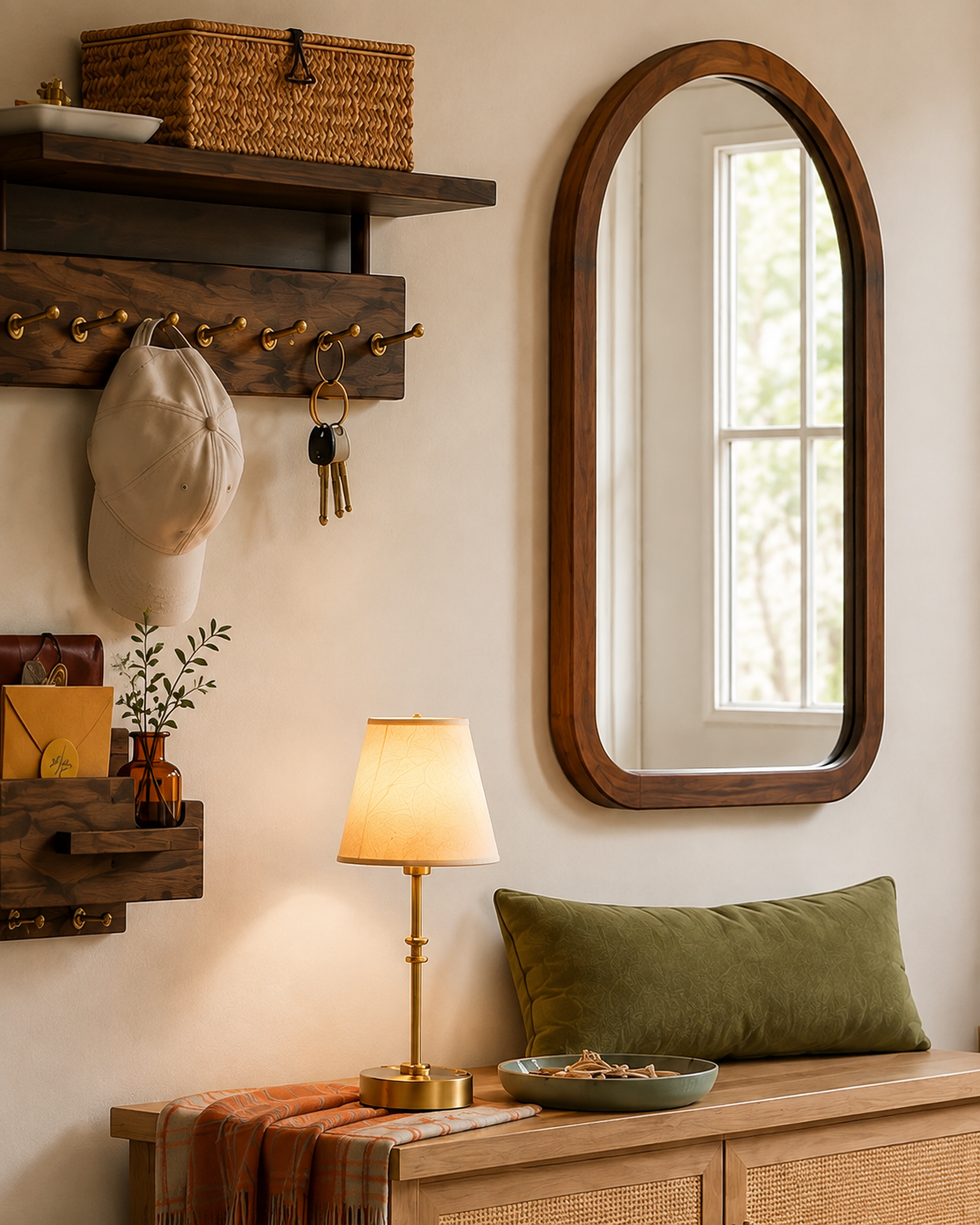 Walnut arched entryway mirror beside a dark wood shelf with brass hooks