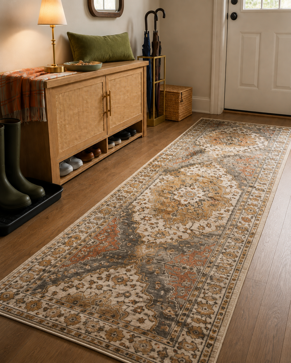 Muted turmeric and grey washable runner defining a narrow entryway path