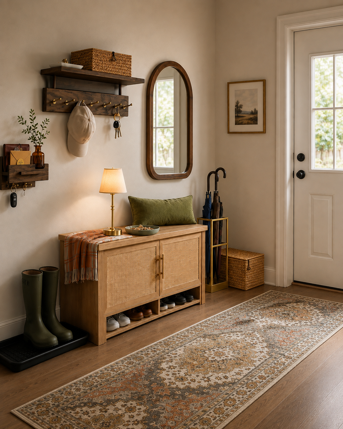 Full small entryway storage arrangement in warm oak, walnut, olive, and aged brass