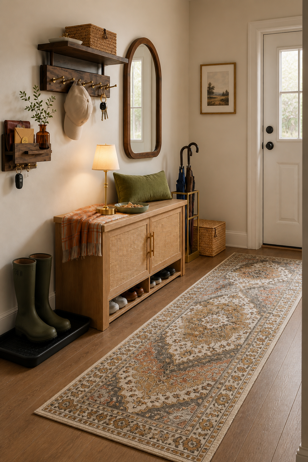 Alternate view down a narrow entryway with an oak shoe bench and patterned runner