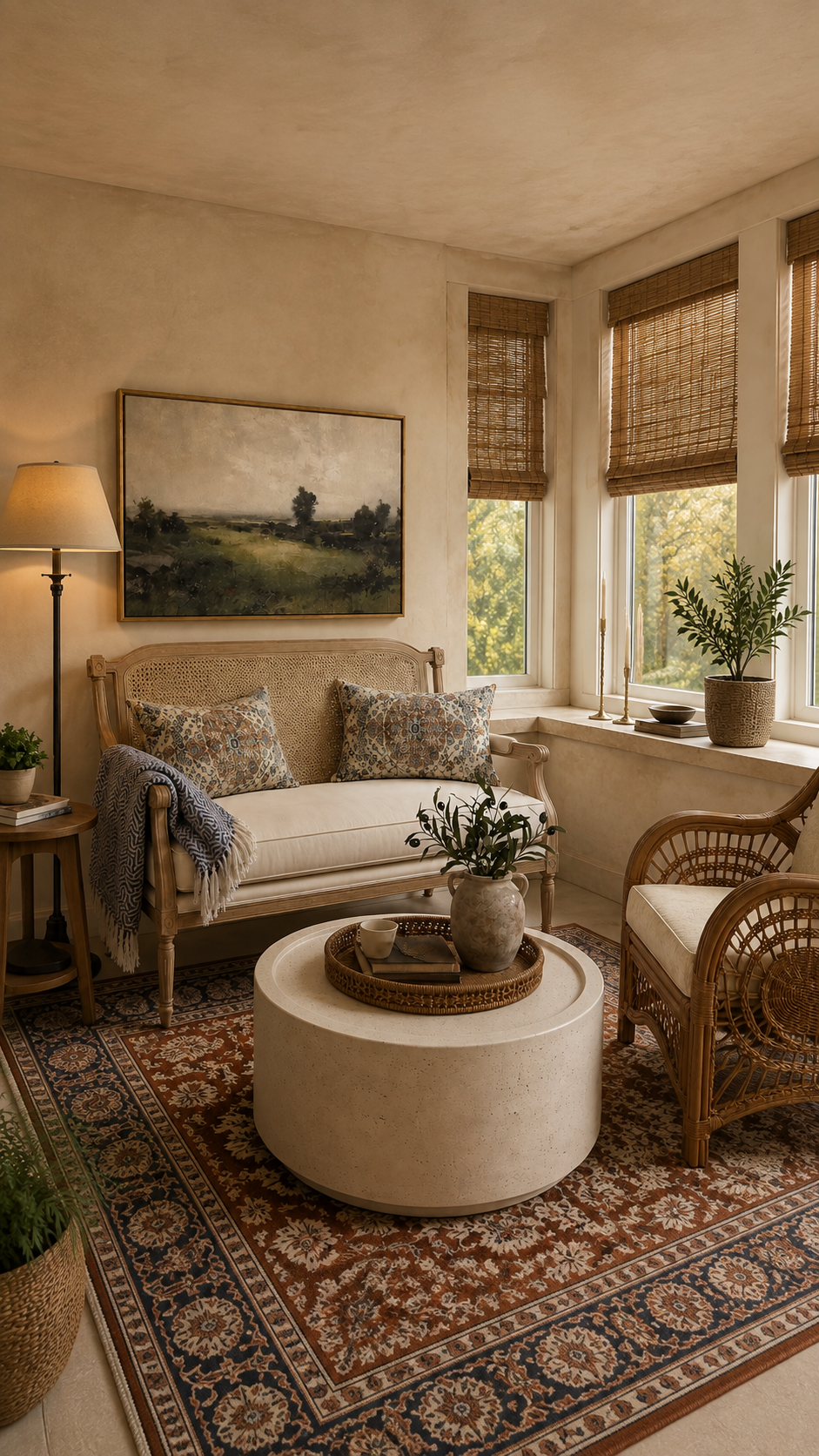 Vertical view of warm stone sunroom