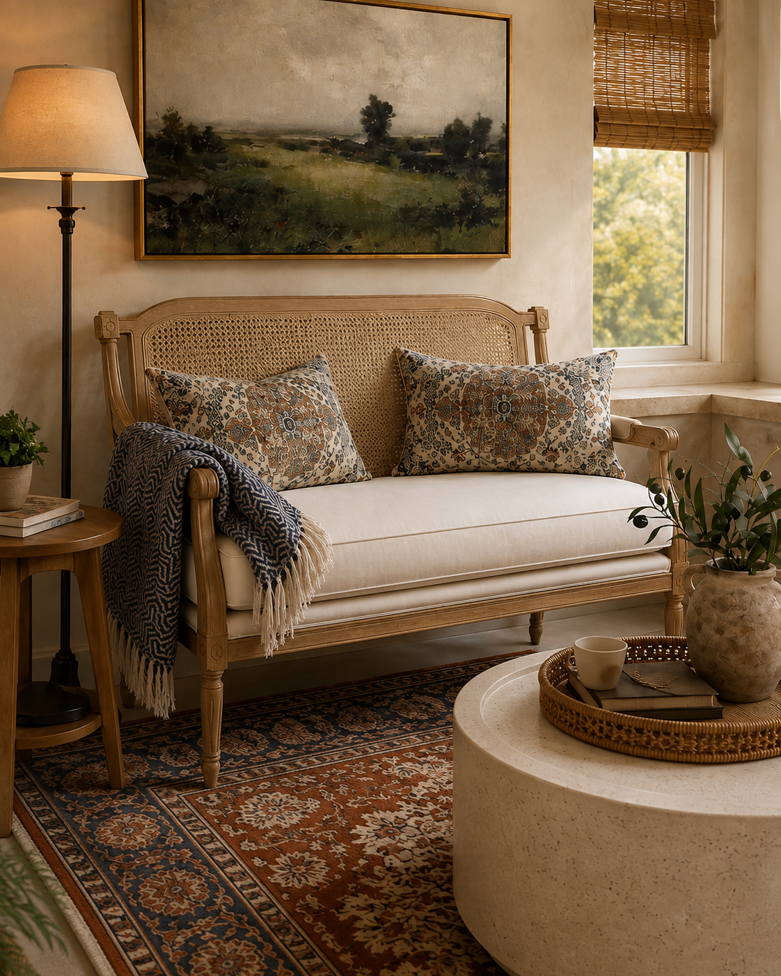 Cane loveseat with patterned lumbar pillows