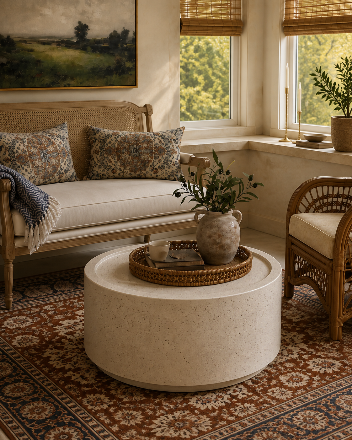 Round speckled stone coffee table with woven tray
