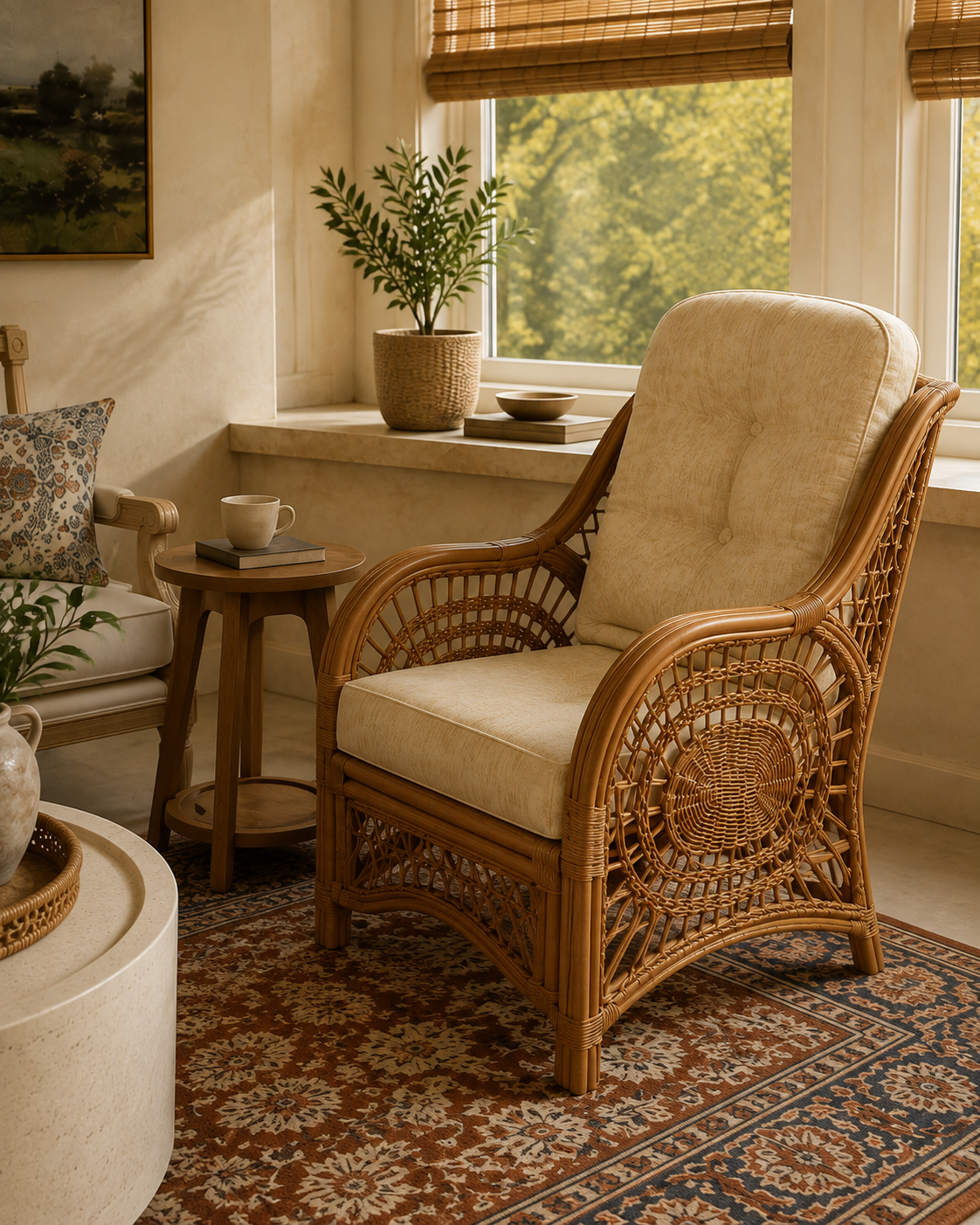 Natural rattan lounge chair in warm sunroom