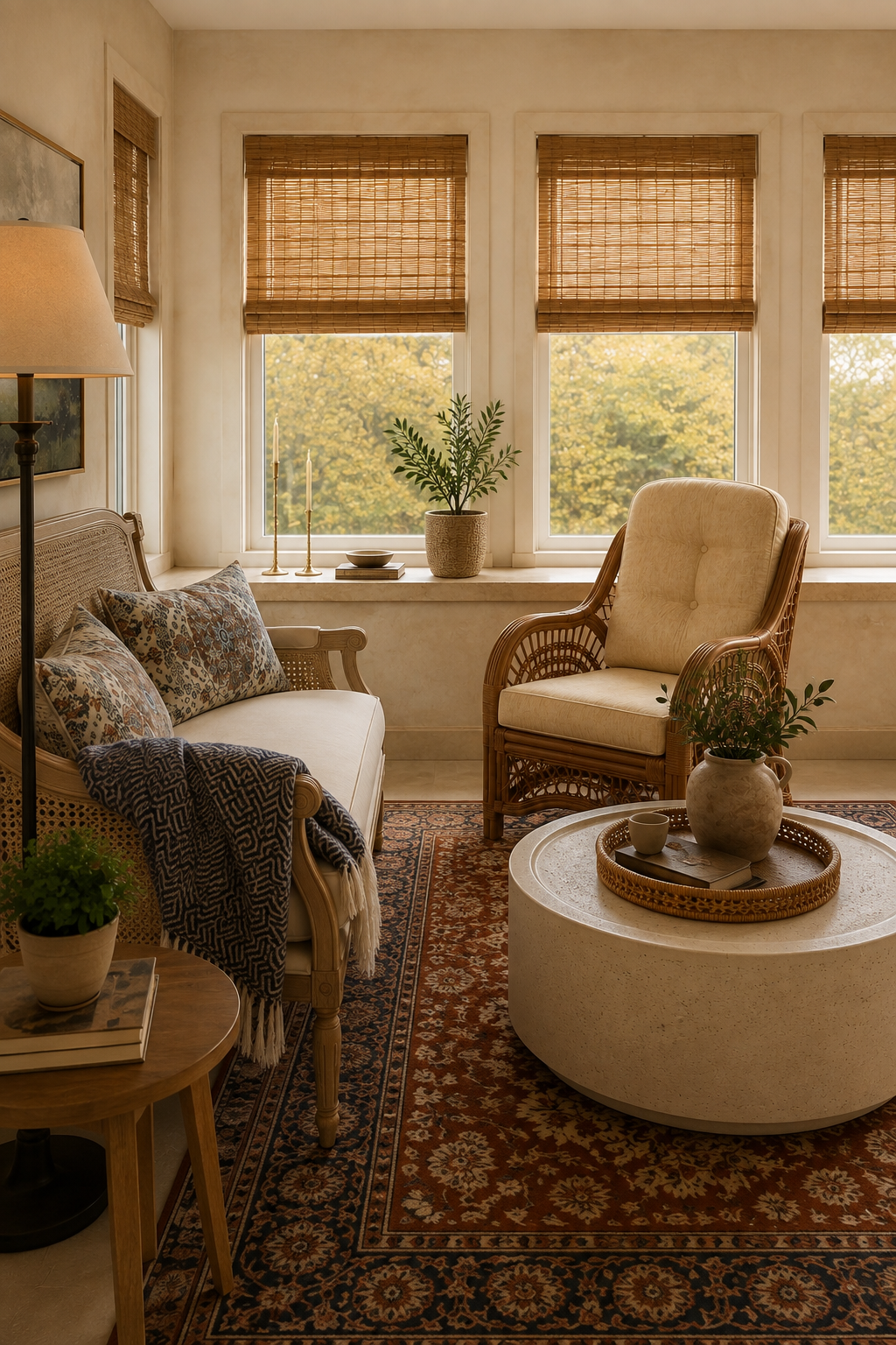 Alternate angle across cane loveseat toward rattan chair and windows