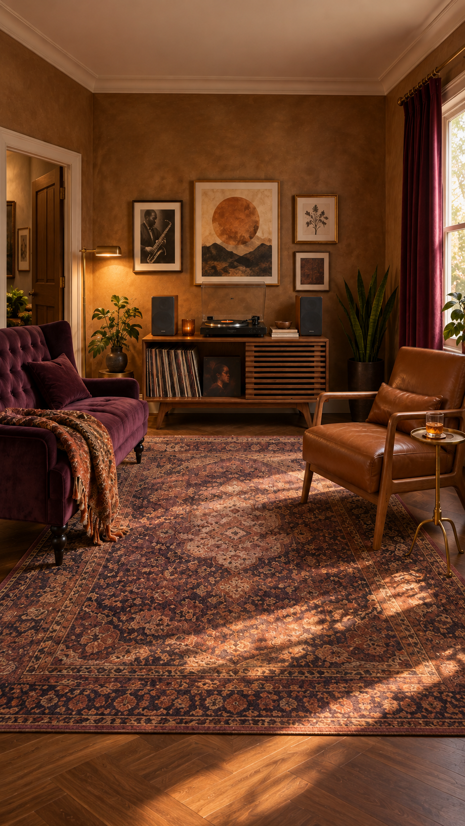 Vertical view of bronze listening room with velvet seating and walnut record console