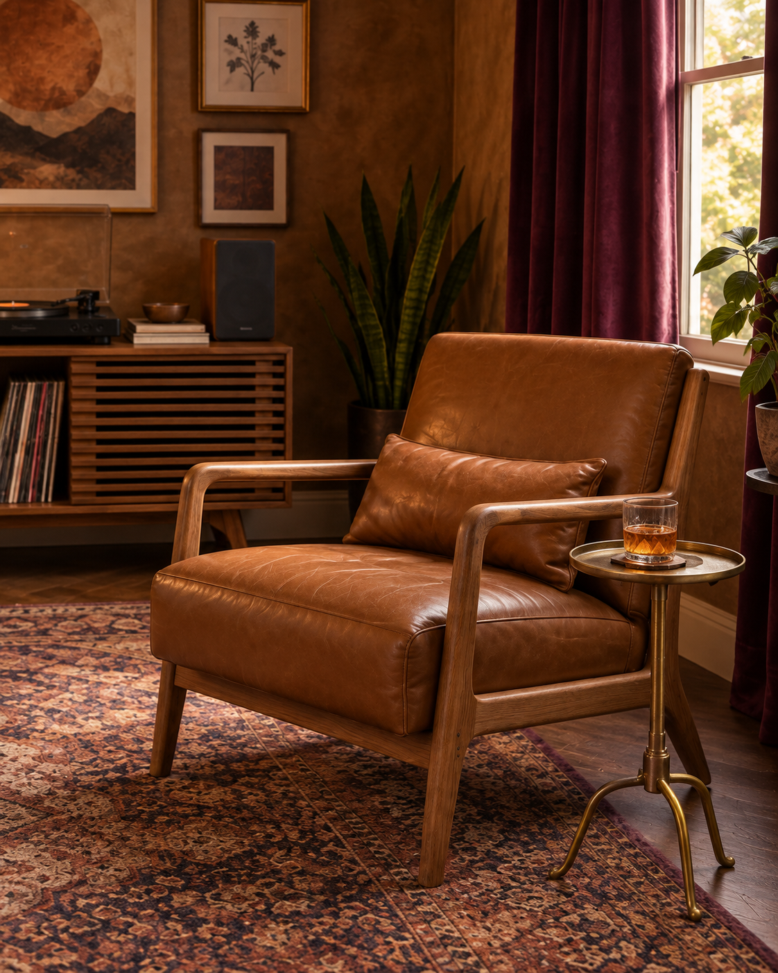 Cognac lounge chair beside antique-brass drinks table in bronze music room